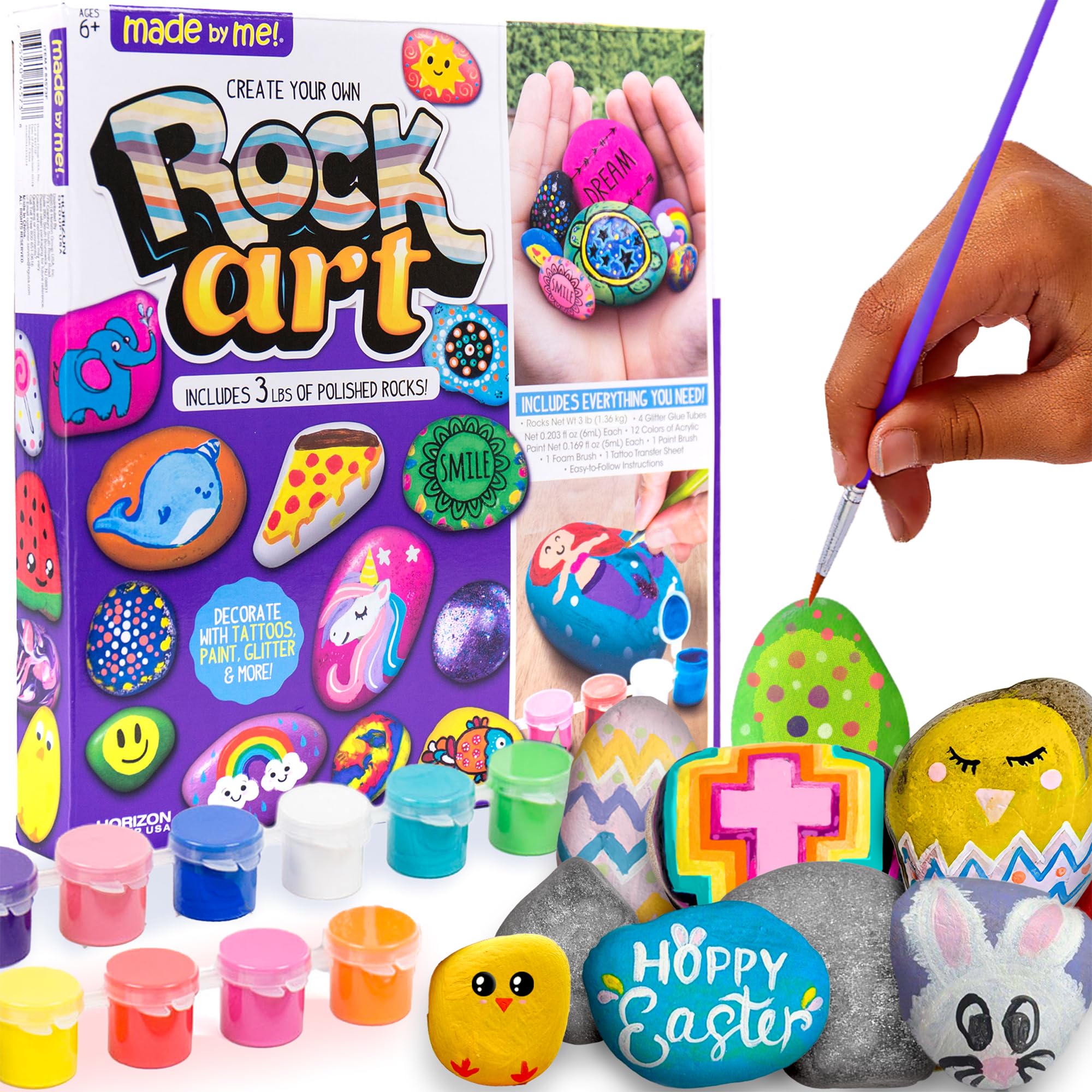 Made By Me Rock Art Kit, Rock Painting Arts and Crafts Kit, Includes 3 Pounds of Rocks and 12 Paints, Great Summer Activity or Birthday Party Fun, Perfect Outside Craft Idea for Kids Ages 6, 7, 8, 9