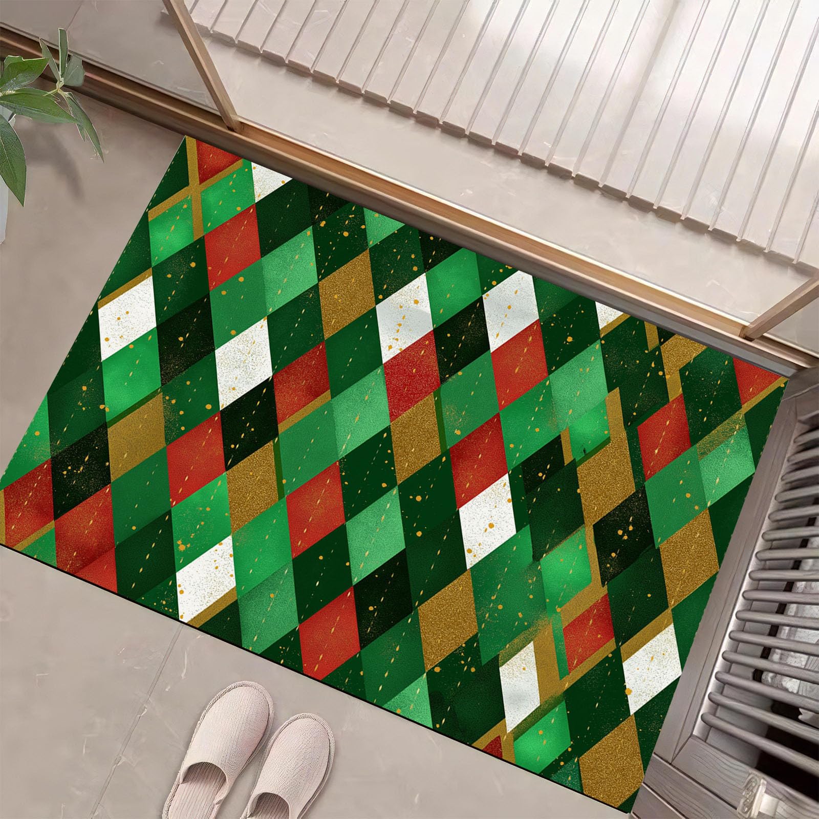 Tapis design en losange d'entrée intérieur vert foncé