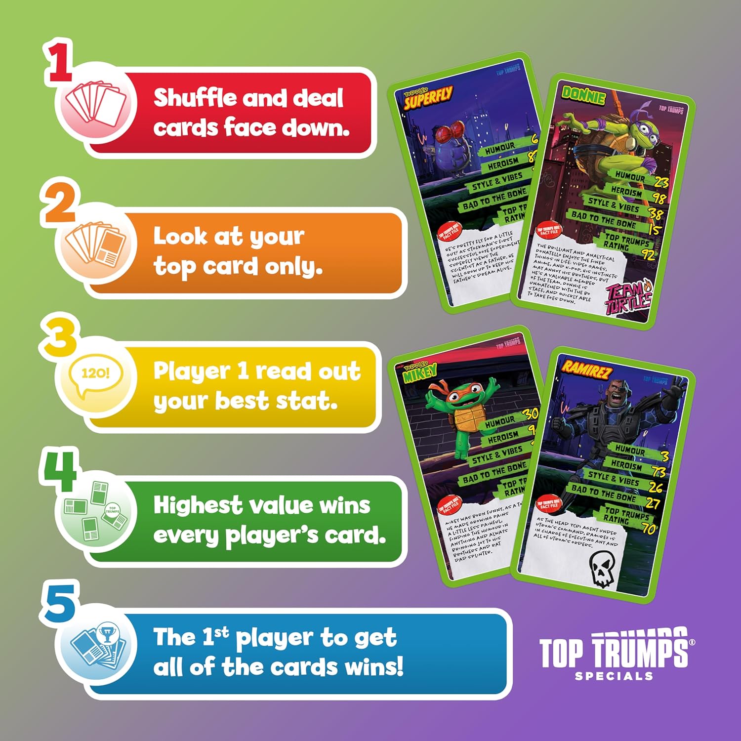 Top Trumps Teenage Mutant Ninja Turtles Card Game - Family Learning Game for Kids and Adults - 2+ Players - Ages 6+, Blue, Orange, Purple, Green
