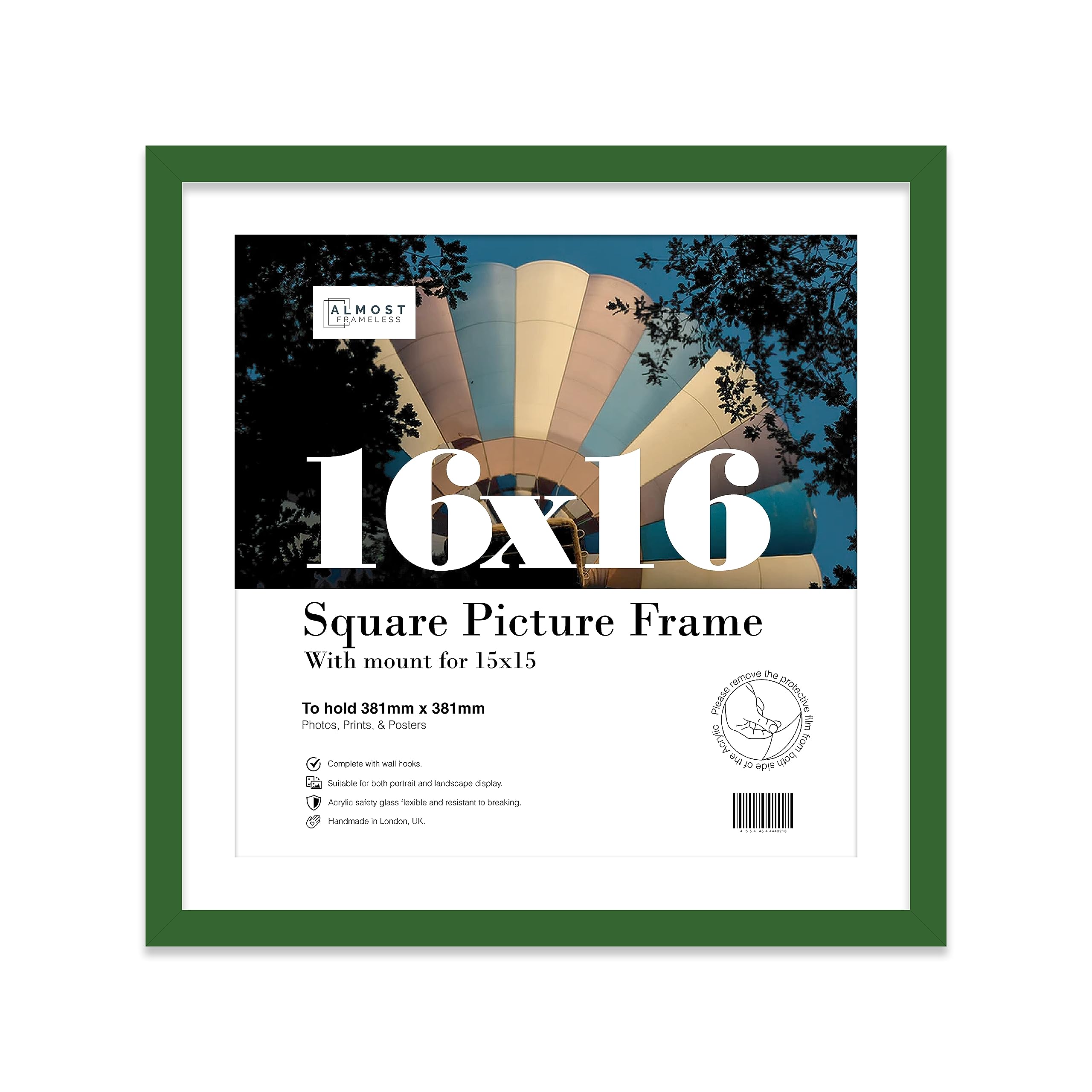 Almost Frameless 16x16 Picture Frame, Display Pictures 15x15 With Mat or 16x16 Without Mat, Wall Hanging Photo Frame, Green, 1 Pack