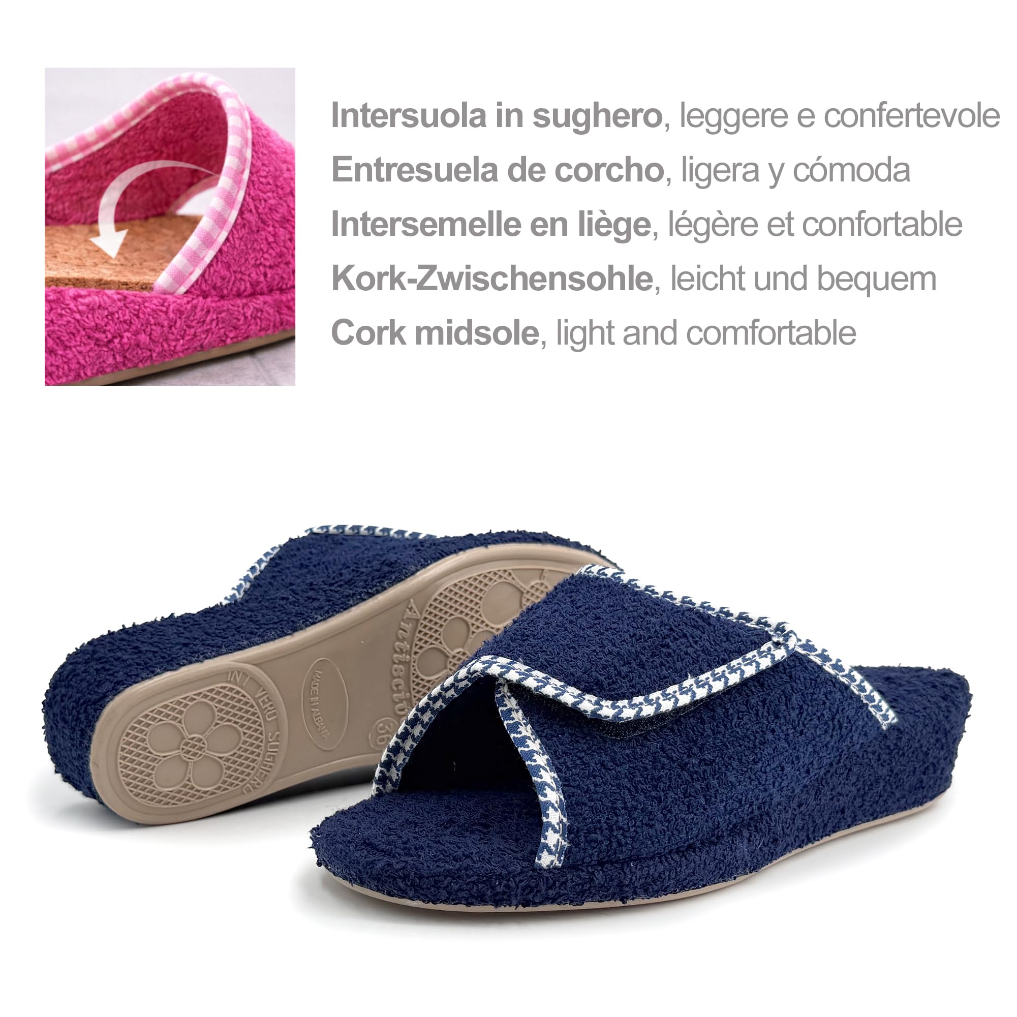 Zapatillas Casa Mujer Cuña con Rizo de Toalla Punta Abierta Chinelas con Cierre Adhesivo para Pies Hinchados Sandalias Suela Corcho