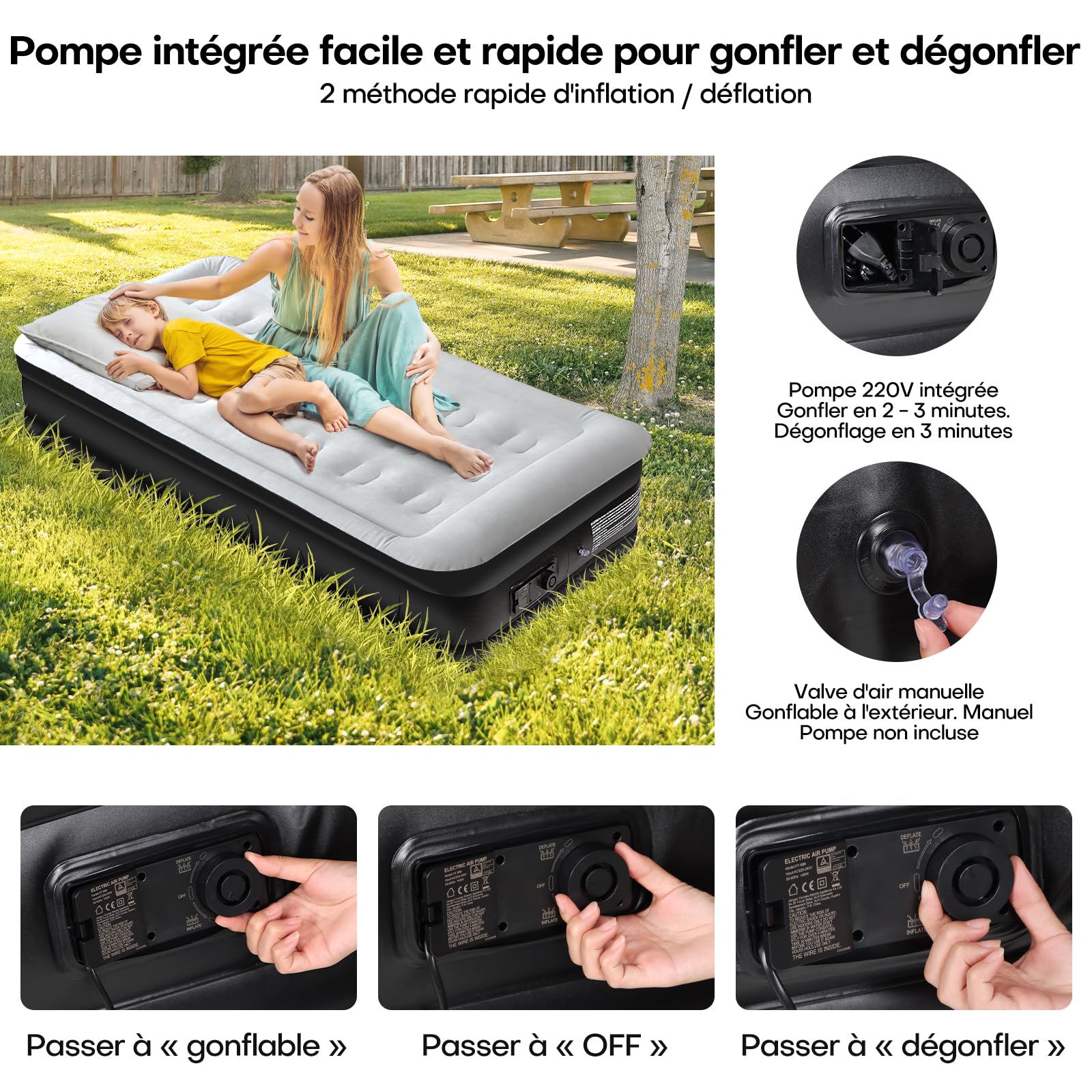 Panana Matelas Gonflable 1 Personne avec Pompe Intégrée, Lit Gonflable Simple 196x97x47cm, Matelas d’Appoint avec Surface Floquée et Sac de Rangement pour Maison Camping Invités