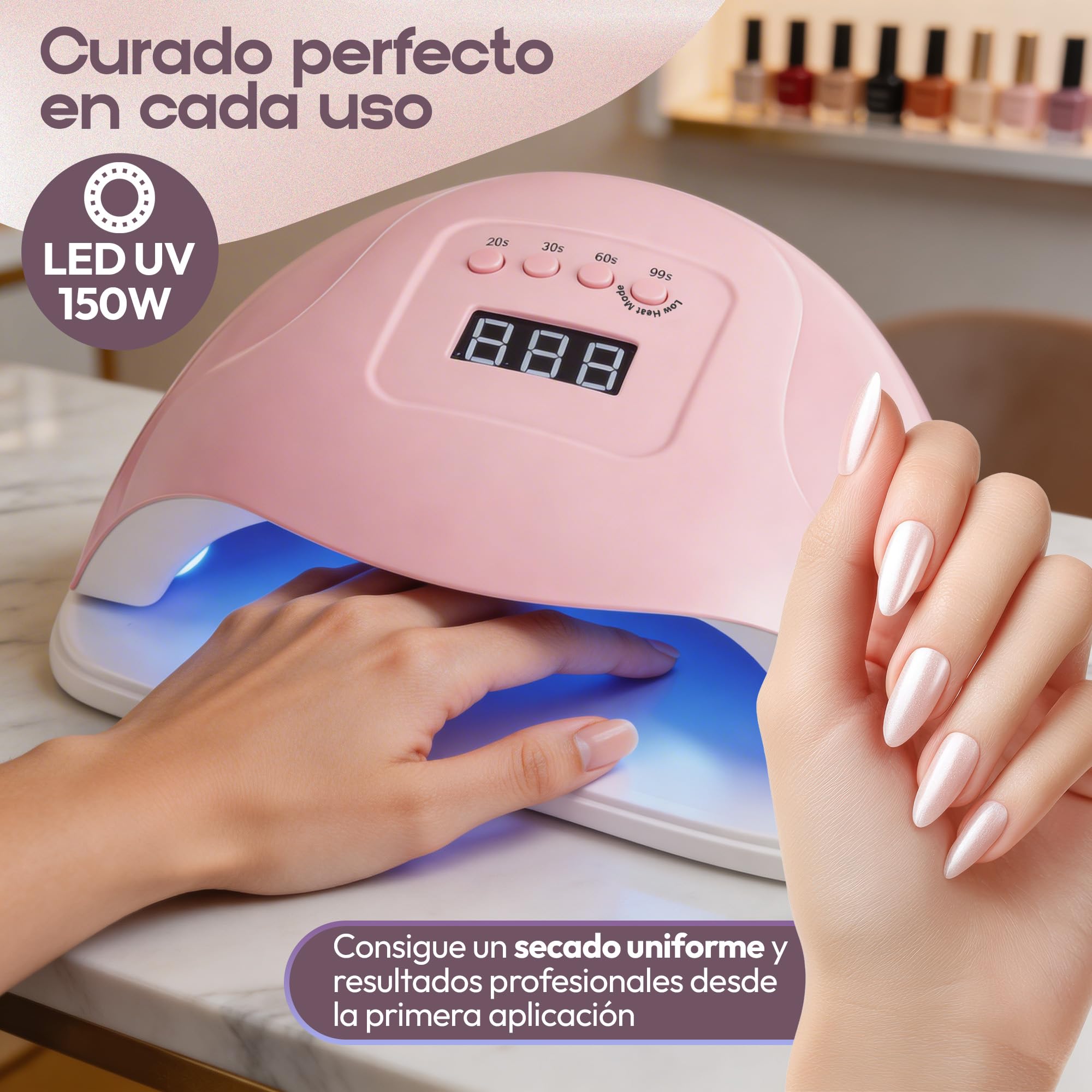 Lámpara Secadora Uñas LED UV 150W con 4 Temporizadores, Secador de Uñas con Sensor Automático