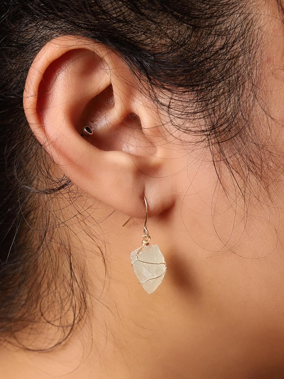 MINACHI Boho Raw Light Green Stone Drop Earrings, Handmade Wire Wrapped Hippie Dangles, Vintage Earrings For Women - Image 4