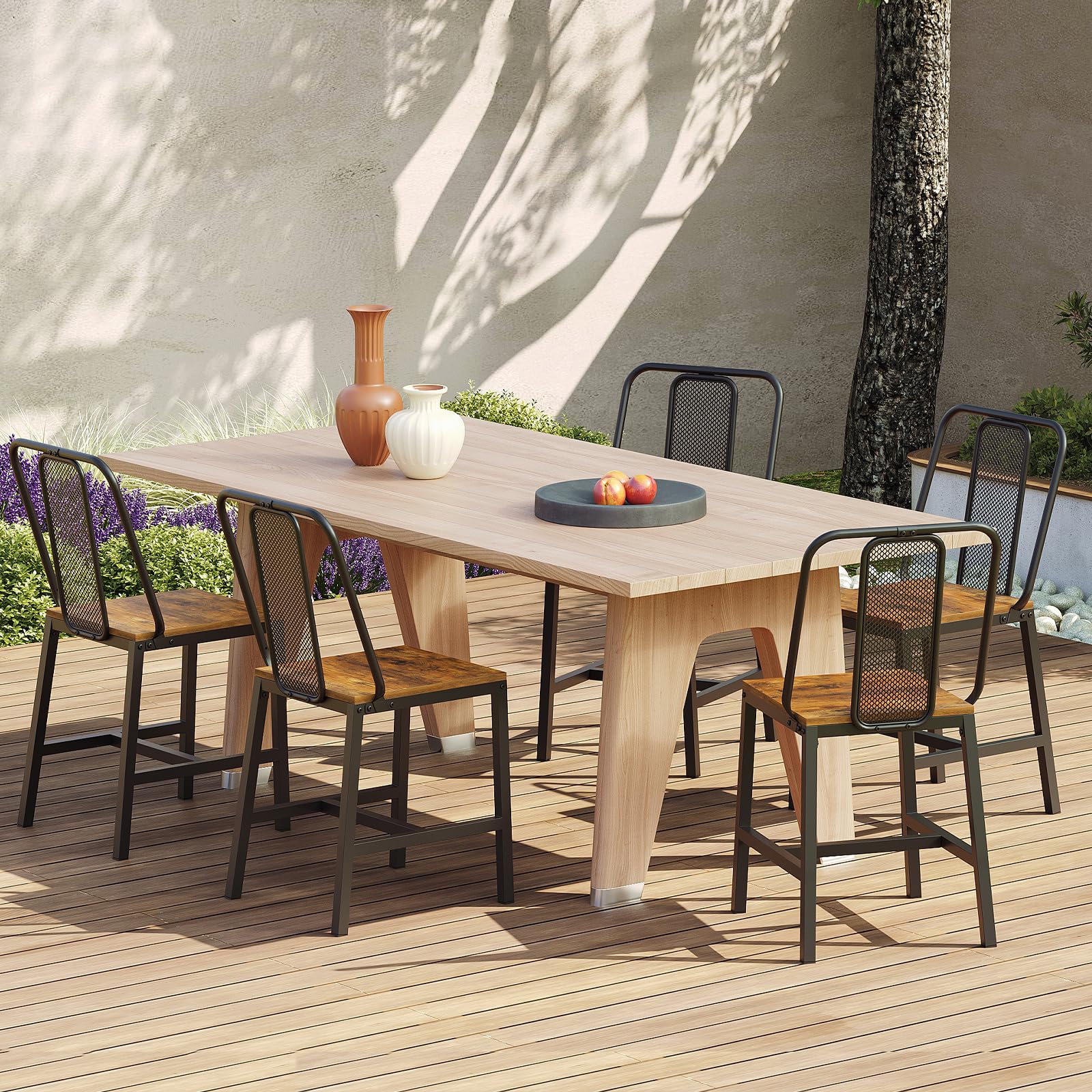 CY01L4BRN1 - Juego de 4 sillas de comedor de madera, sillas de comedor de granja con soporte trasero, para sala de estar, cocina, marrón rústico y negro 9