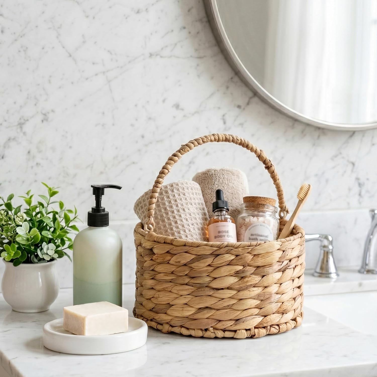 Round Water Hyacinth Storage Basket Handwoven Boho Decor with Handle for Bathroom, Living Room & Kitchen Countertop Organizer 9.84” x 5.51”