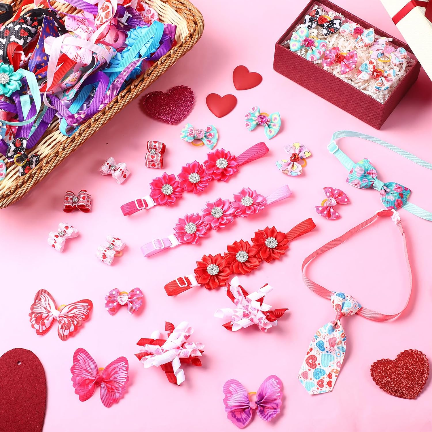 Reginary 70 Pcs Valentine Day Dog Bow Ties Basic Collar Set Holiday Adjustable Puppy Neckties Red Pink Flower Heart Butterfly Rhinestone Pet Bows Grooming Accessories for Small Cat Pet Gift Supplies