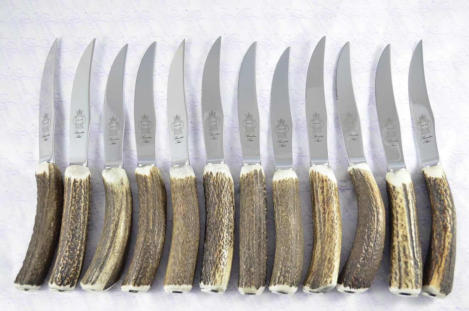 Twelve Boxed Genuine Stag Horn/Antler Handle Steak Knives Made In Sheffield England Free Engraving