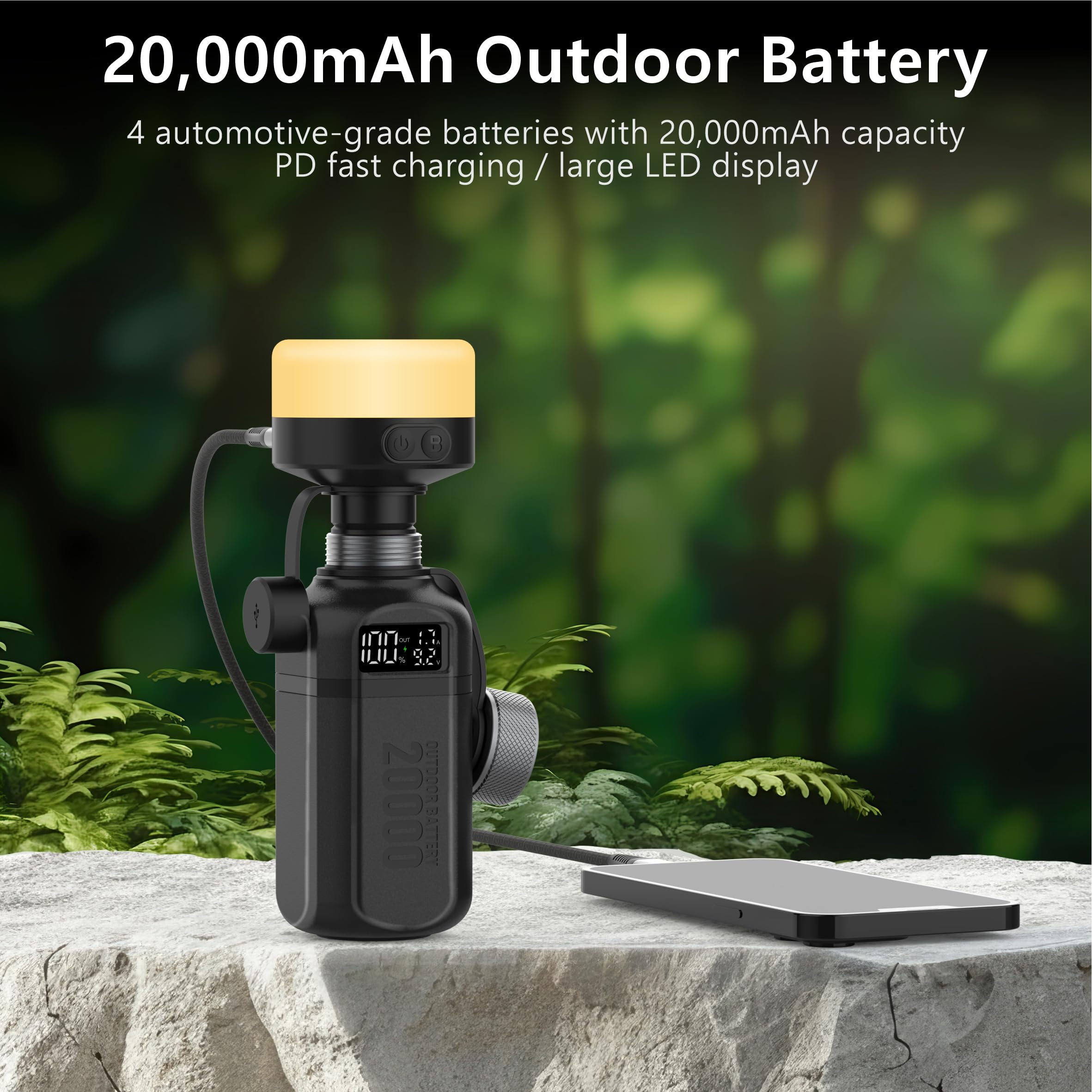 20.000 mAh robuste Powerbank mit Schnellladung USB-C PD, IP68 wasserdicht stoßfest, inklusive 420 lm heller Campinglaterne, taktisches Outdoor-Ladegerät für Wandern, Camping, Überleben