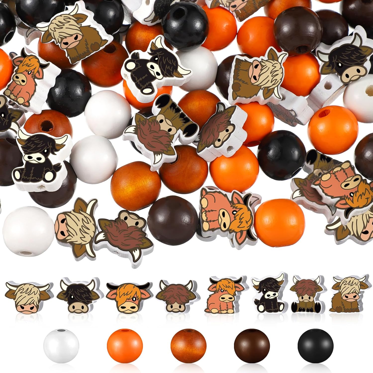 Ecally 200 Pieces Highland Cow Animal Wood Beads Cute Animal Print Beads Wooden