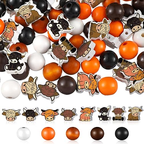 200 cuentas de madera de animales de vaca de las tierras altas, cuentas redondas y planas de madera, cuentas espaciadoras pulidas con patrón de vaca