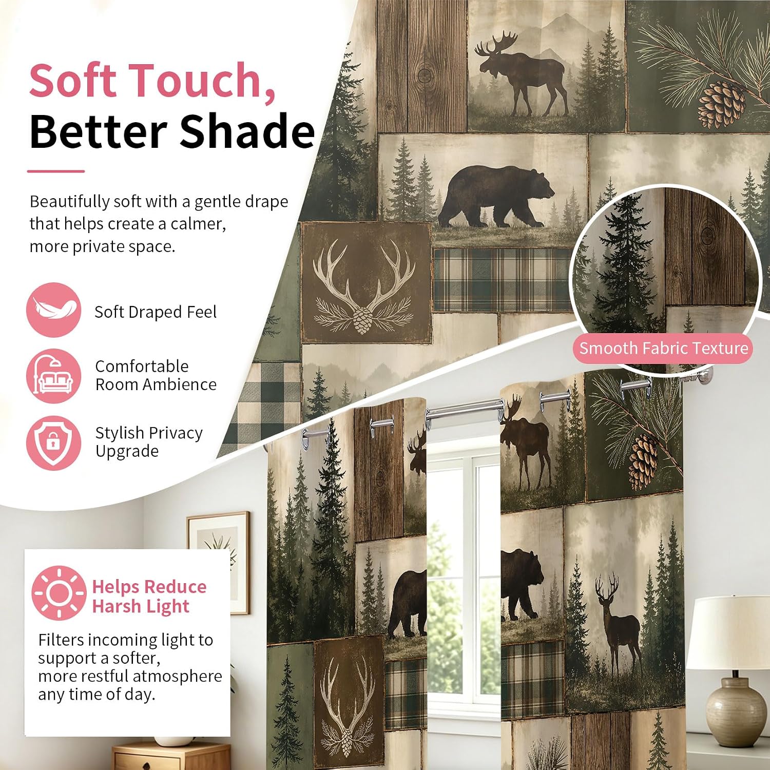 Rustic Forest Animal Patchwork Curtains for Living Room,52x84 inch image 5