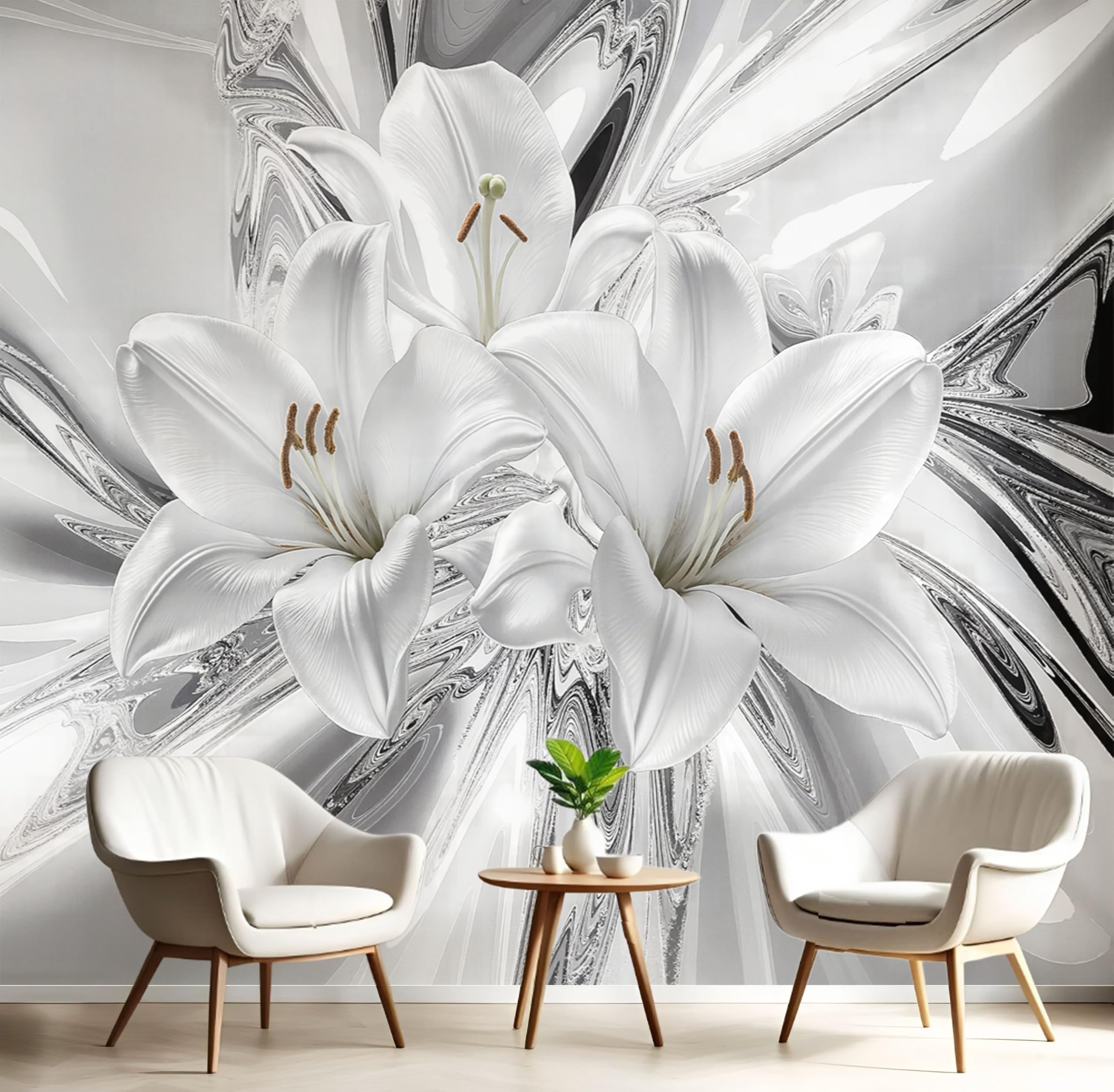 Papier Peint Intissé Mural Photo 450×315 cm Motif Luxe Lily Panoramique Poster Fresque Liquide Qui Coule Fleurs Murale Maison Bureau Restaurant, Argent Décoration Murale Papier Peint