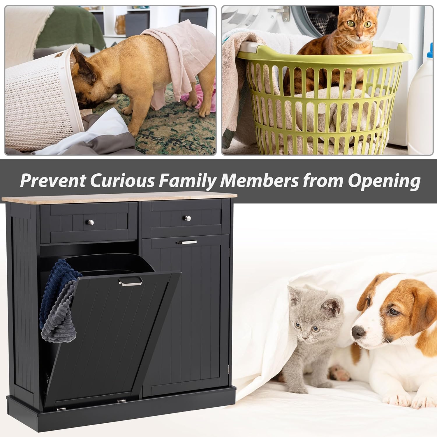 Spurgehom 13 Gallons Tilt Out Trash Cabinet Kitchen Waste Bins Modern Kitchen Trash Cabinet with Adjustable Shelf and Hideaway Drawers, Pet Proof Trash Can Holder for Kitchen Living Room, Black