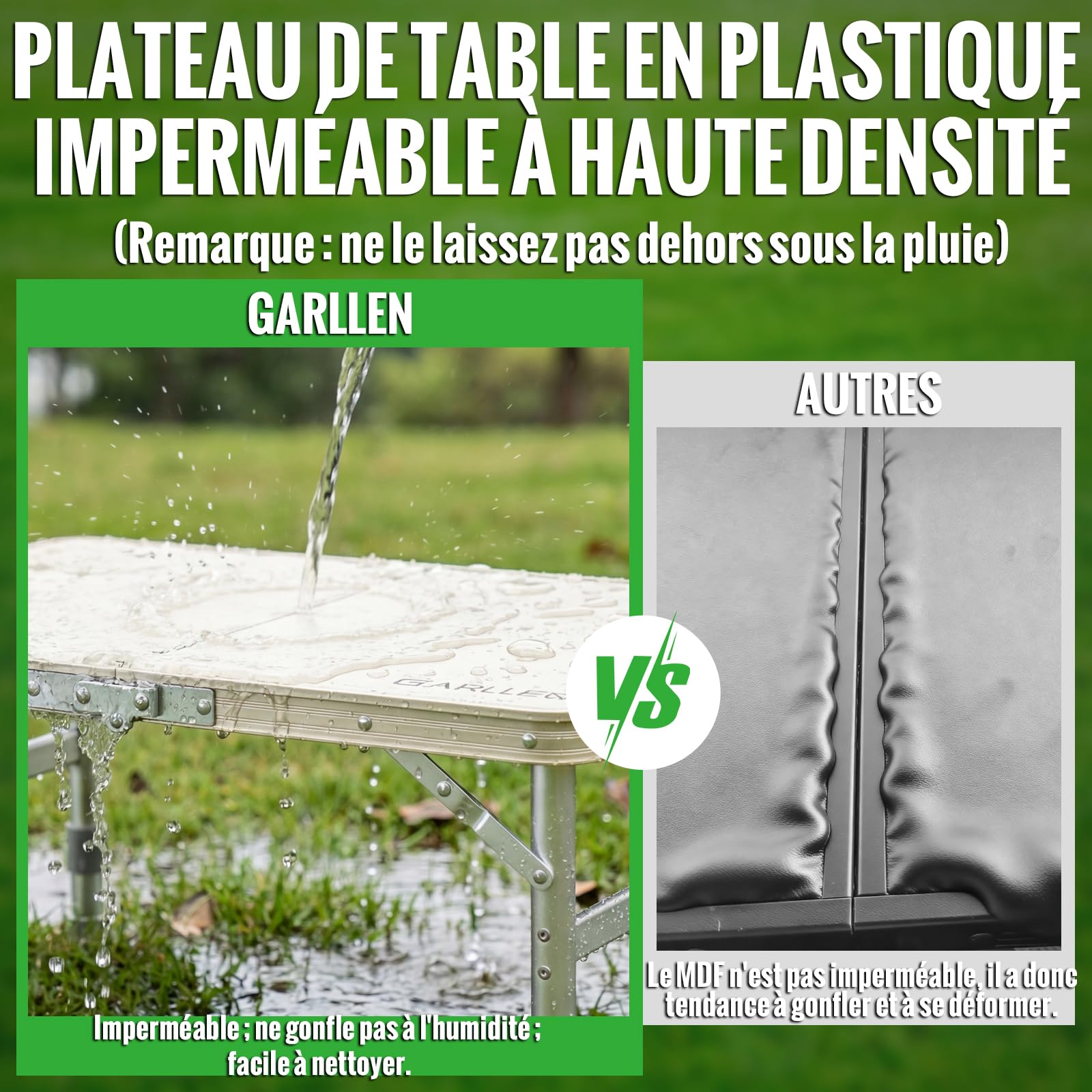 GARLLEN Table de Camping imperméable avec Plateau en Plastique Haute densité, Table de Pique-Nique Pliable Portable avec 3 hauteurs réglables, Cadre en Aluminium, Table d'extérieur pour Barbecue | Table Pliante Exterieur à 3 Hauteurs Réglables,Table de Pi