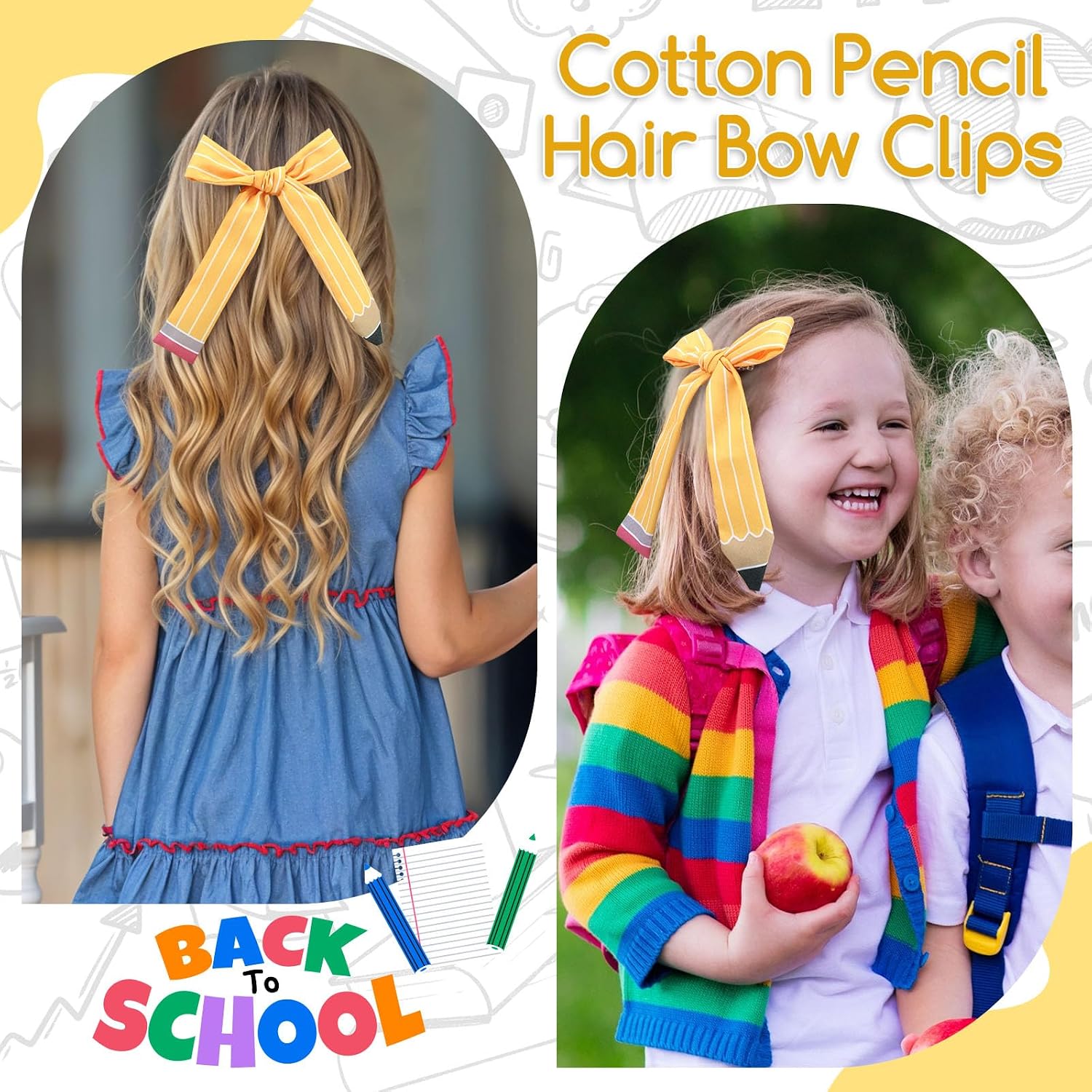 2pcs Back to School Hair Bows for Girls, Cotton Pencil Hair Bow Clips, First Day of School Yellow Hair Accessories for Kids Children Students image 5