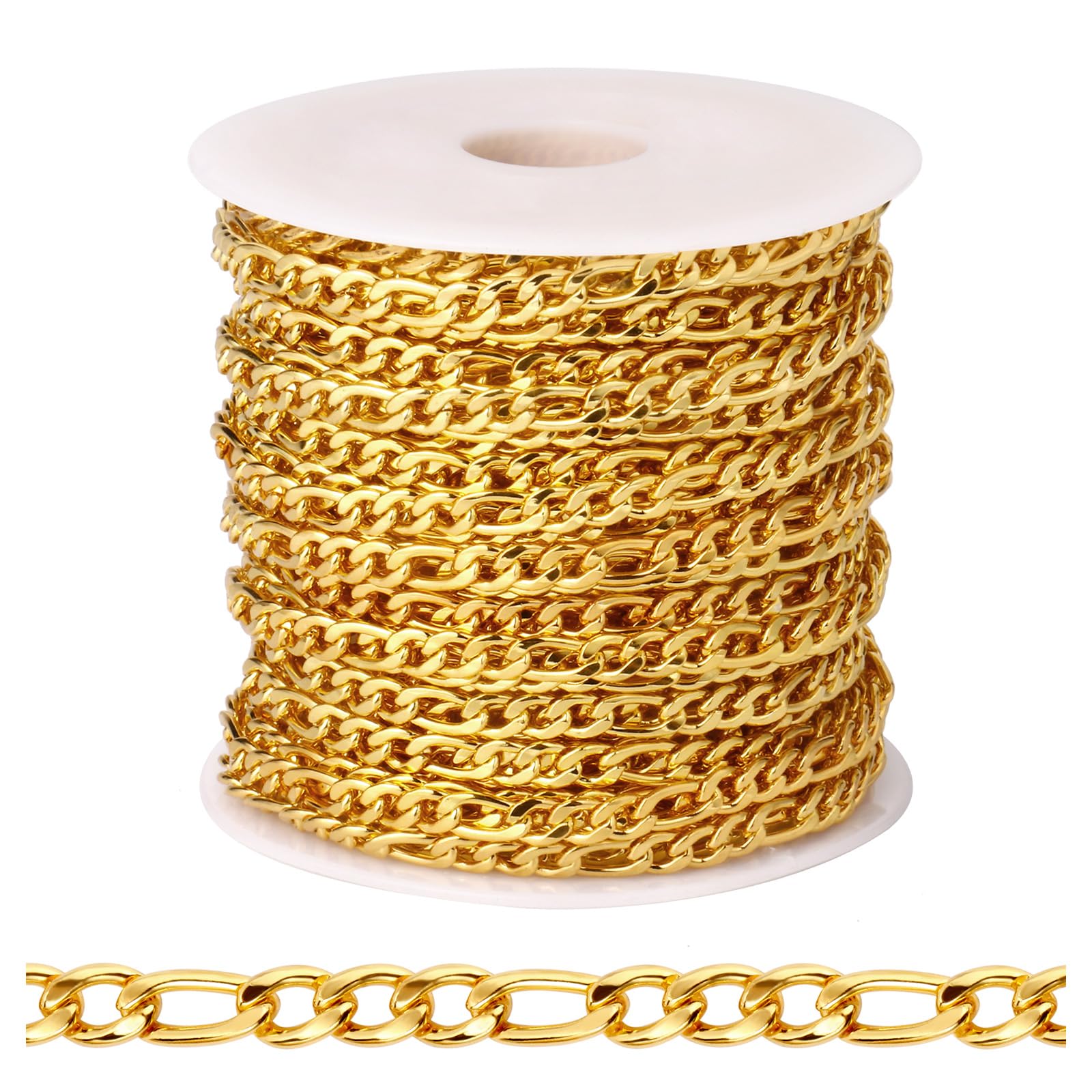 [33ft] 18K Gold Plated Figaro Chain for Jewelry Making, 3.5mm Wide 304 Stainless Steel Figaro Link Chain Roll Bulk for DIY Jewelry Making Craft