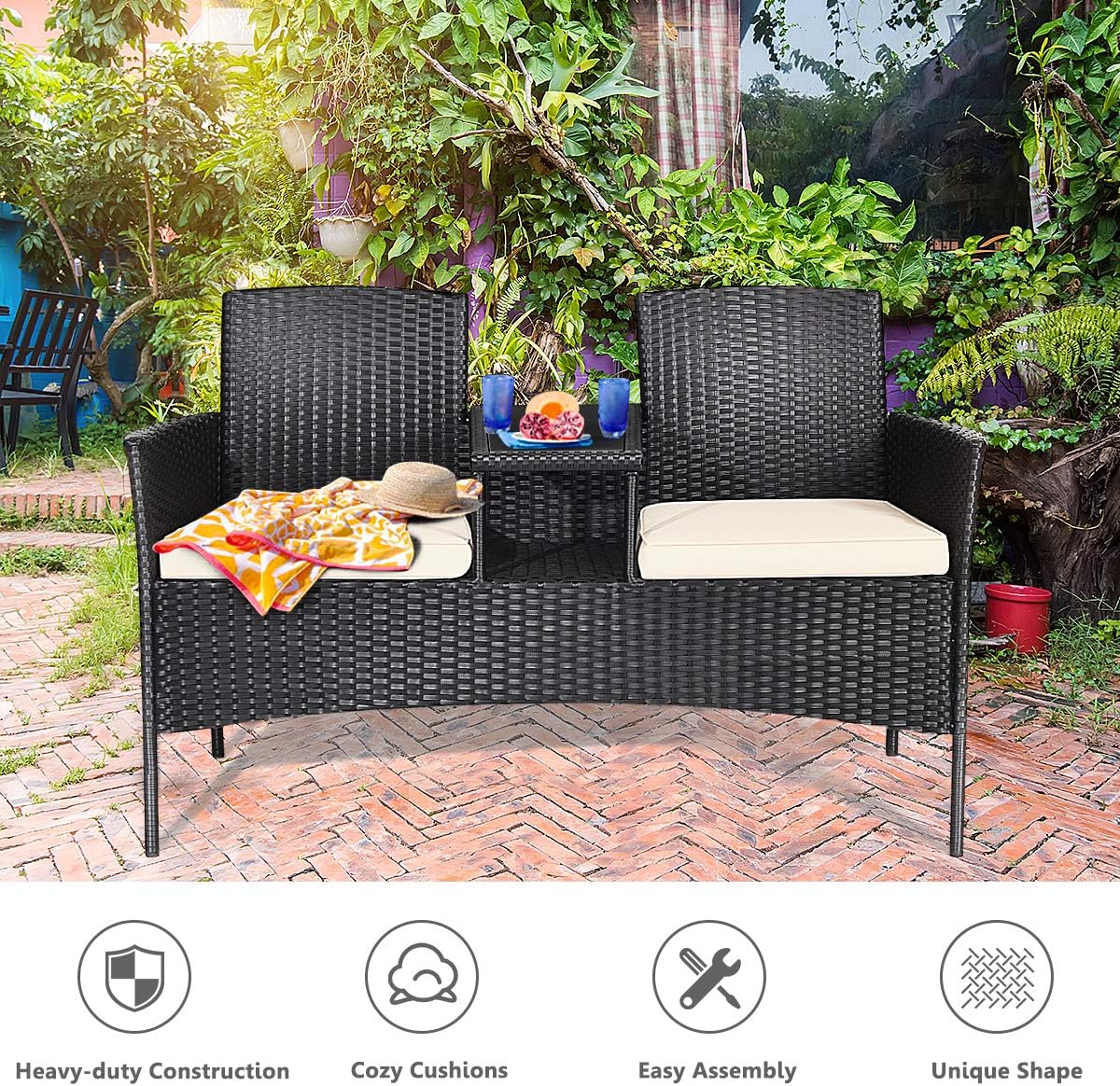 LDAILY Patio Conversation Set, Modern Rattan Loveseat, Outdoor Furniture Set with Removable Cushions & Table, Patio Wicker Sofa Set, Tempered Glass Top, Ideal for Garden Lawn Backyard