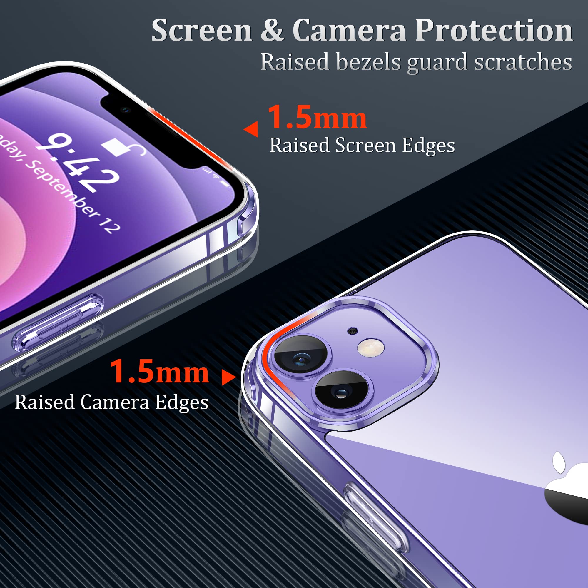Niphabe Rigida Cover per iPhone 12/12 Pro Trasparente con 2 Vetro Temperato, Anti Ingiallimento Hard PC Anti-Graffio Protettiva Case Antiurto Bumper TPU
