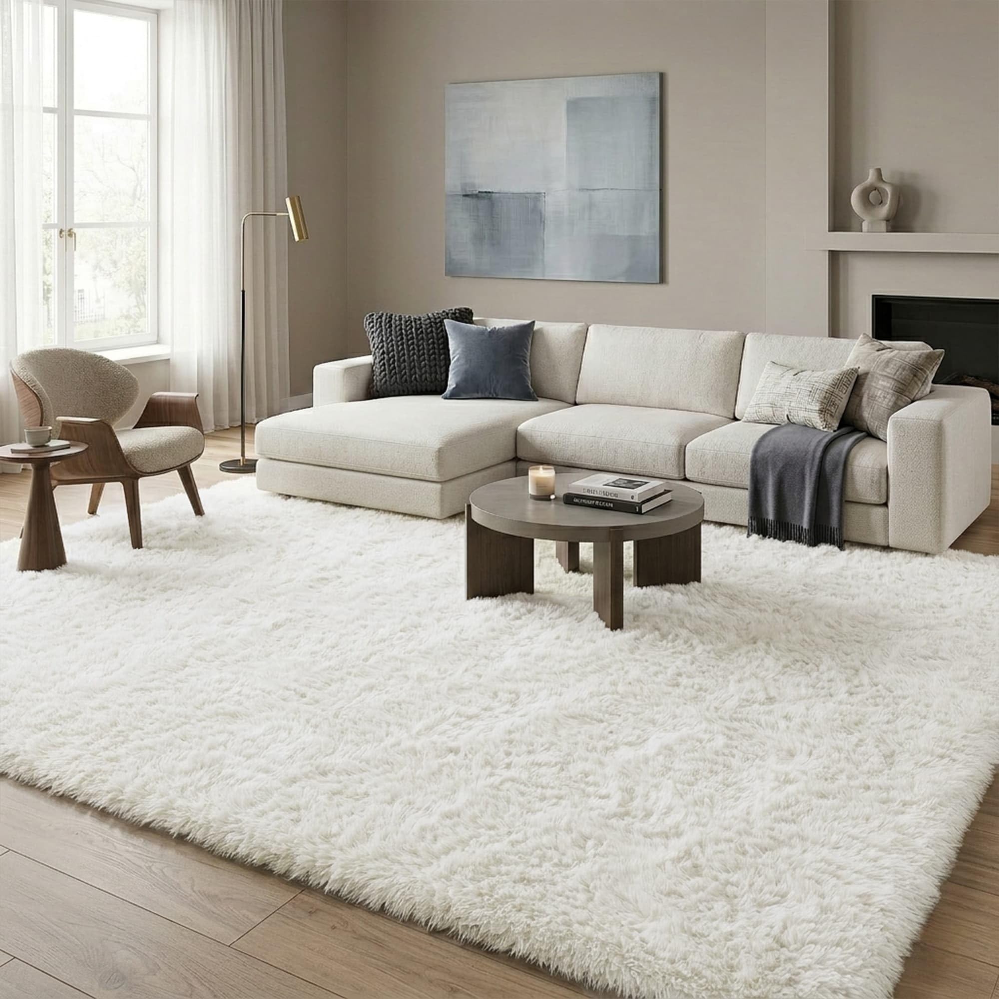 8x10 Ft Cream White Fluffy Area Rug for Living Room, Washable
