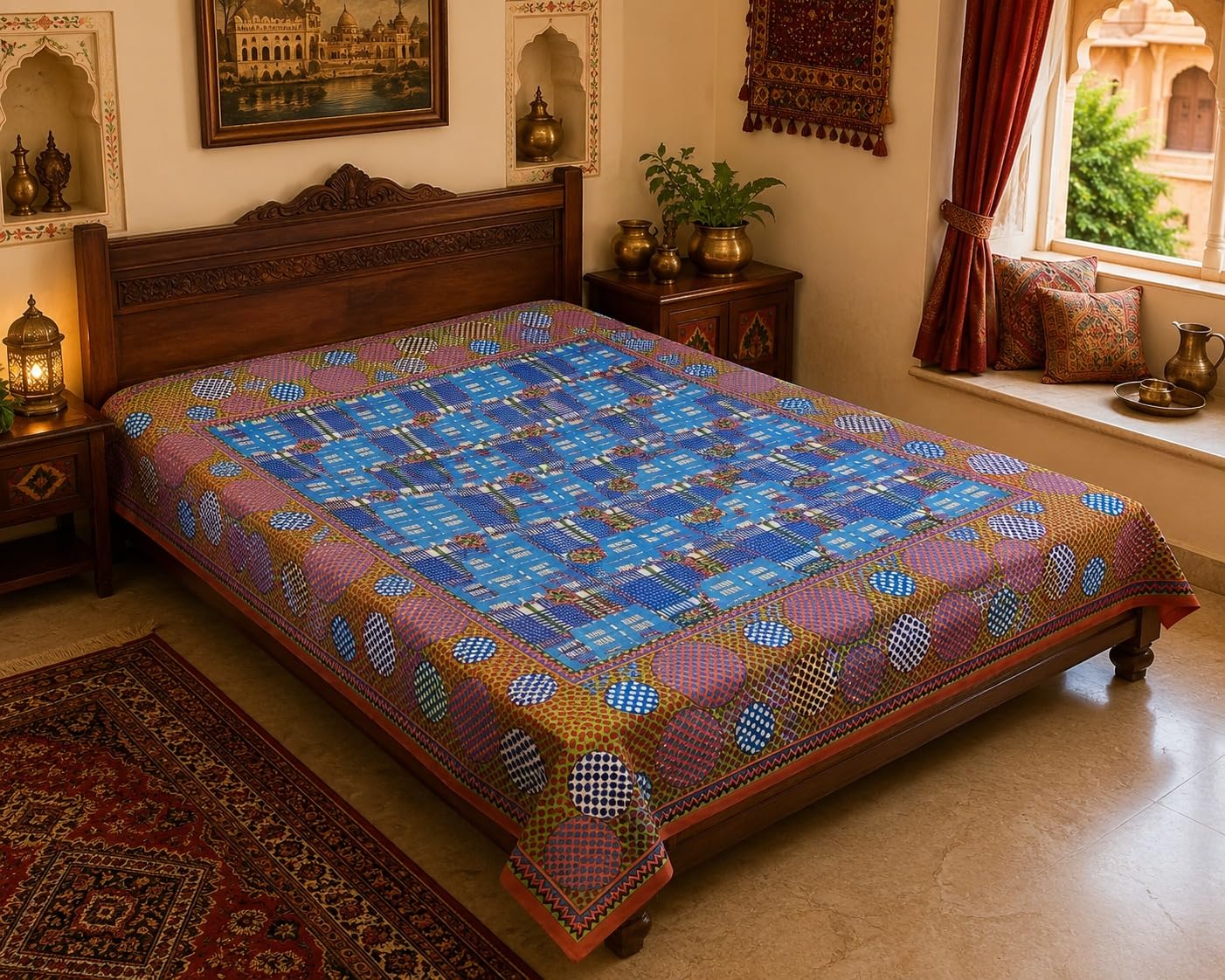 Gulkari Pure Cotton Double Bedsheet 90 x 108 Inches | Multicolour Traditional Printed Cotton Bed Sheet | Soft Breathable Lightweight Bedding | Queen/King Size | No Pillow Covers Included-image-24