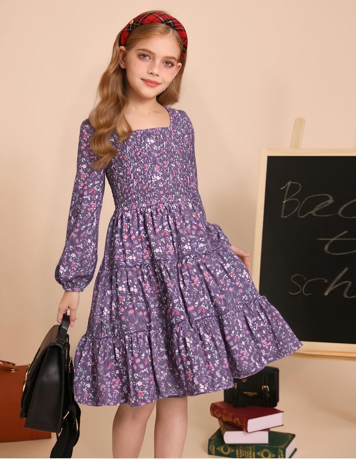GRACE KARIN Girls Fall Long Sleeve Floral Square Neck Smock Tiered Casual Holiday Teen Dress Size 5-14 - Image 3