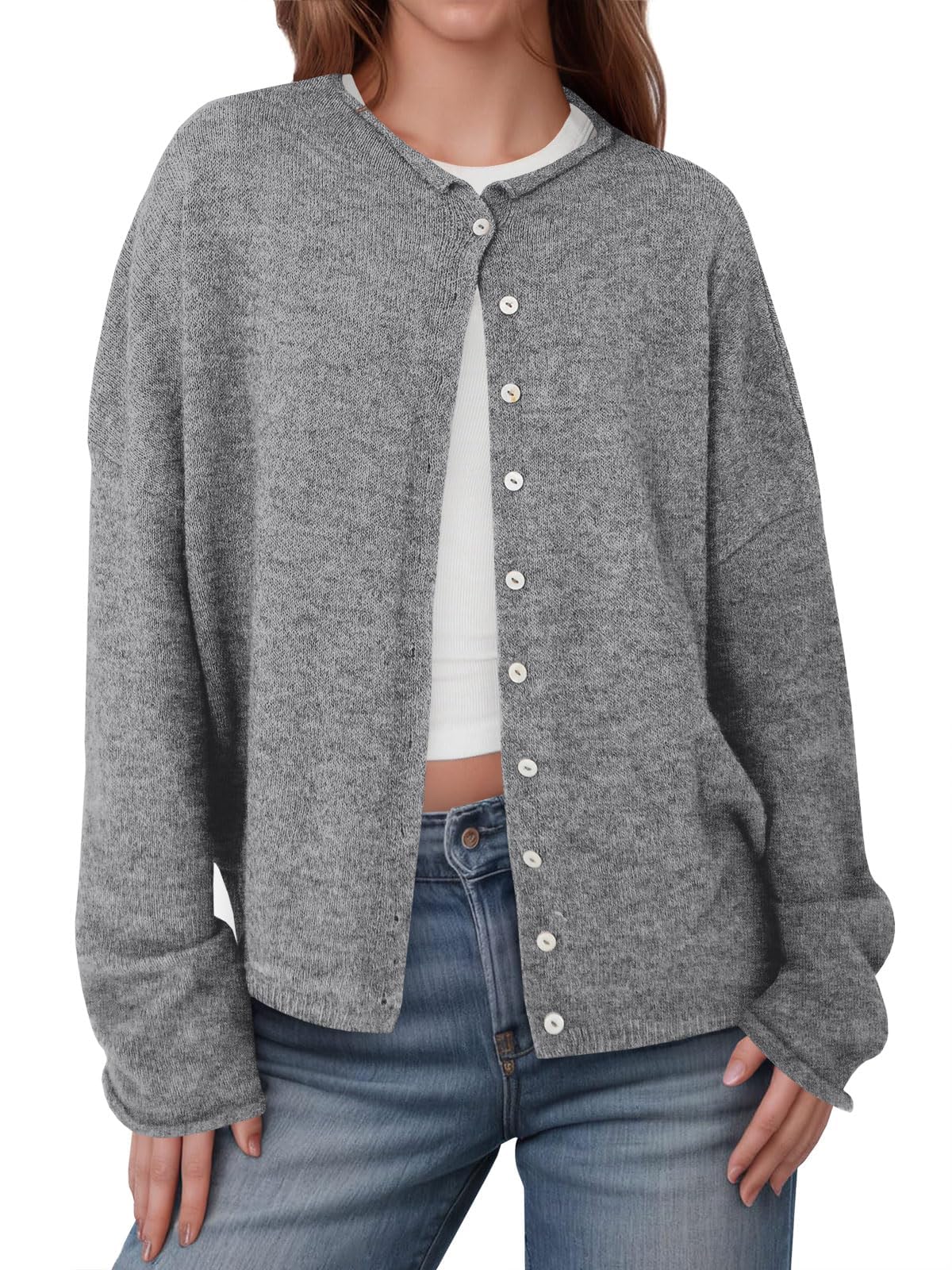 Saodimallsu Damen Kurz Strickjacke Langarm Leicht Rundhals Cardigan Sommer Sweater Weich Einfarbig mit Knöpfe