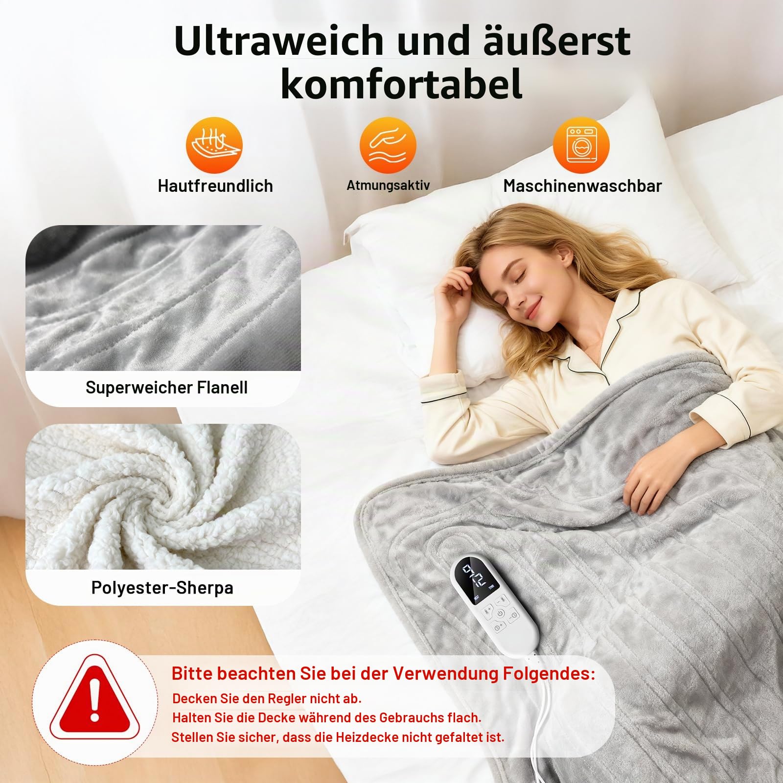 Heizdecke mit Abschaltautomatik 130x180 cm 35-55°C & 12H Auto-Off-Timer