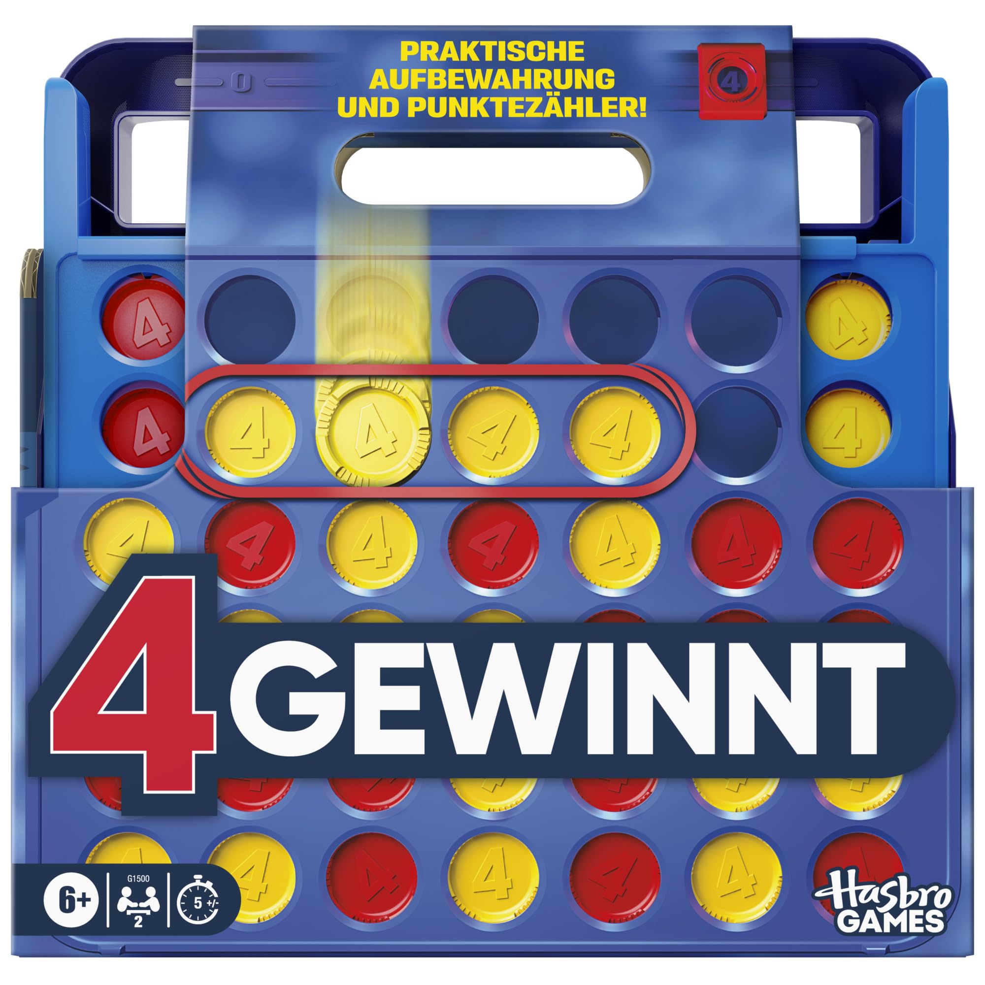 Offizielles Hasbro Games 4 gewinnt Spiel (2025 Edition) | praktische Aufbewahrung, Tragebox, Punktezähler | ab 6 Jahren | 2 Spieler | Familienspiel für Kinder - Deutsche Version