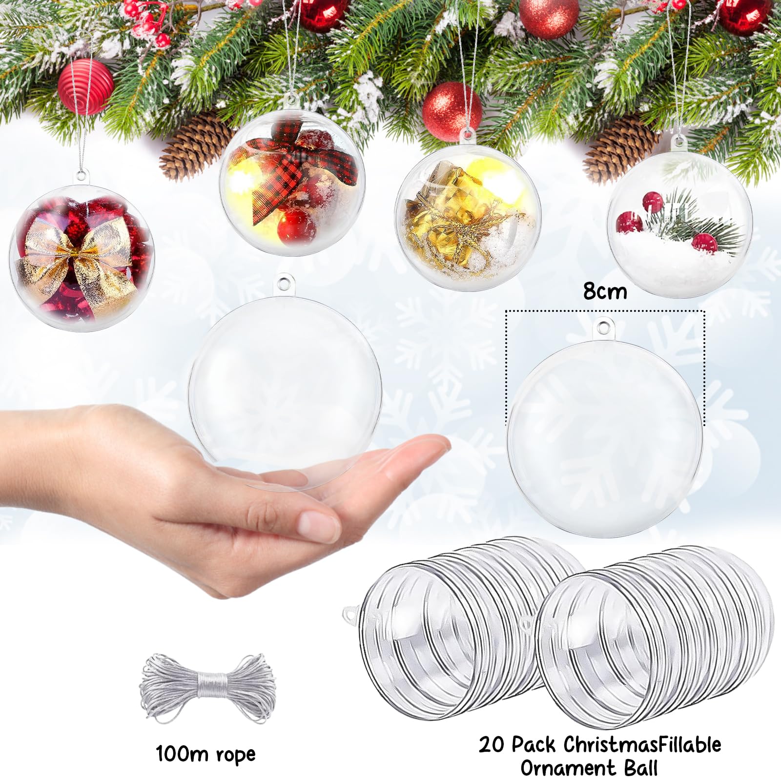 Sugfay Lot de 20 Boule de Noël Transparente,8cm Boule Plastique