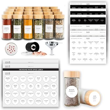SAVVY & SORTED Bamboo Spice Jars Set and Labels Organization Bundle - Bamboo Spice Jars + Round Spice Stickers - Minimalist Kitchen Set