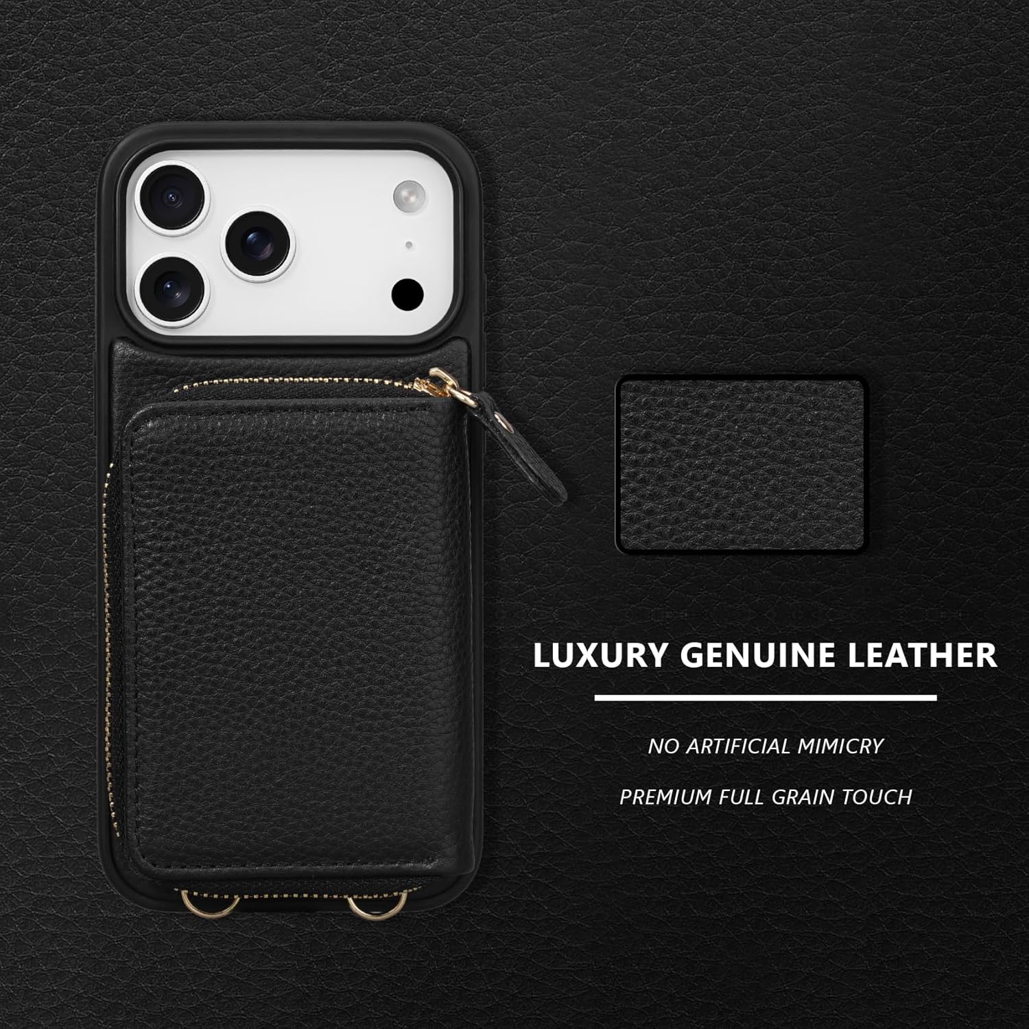 Keallce Wallet Case for iPhone 17 Pro Max 6.9 Inch, Genuine Leather Zipper Purse with Crossbody Strap, 4 Card Slots & RFID Blocking, Kickstand Flip Cover Shockproof for Women, Black