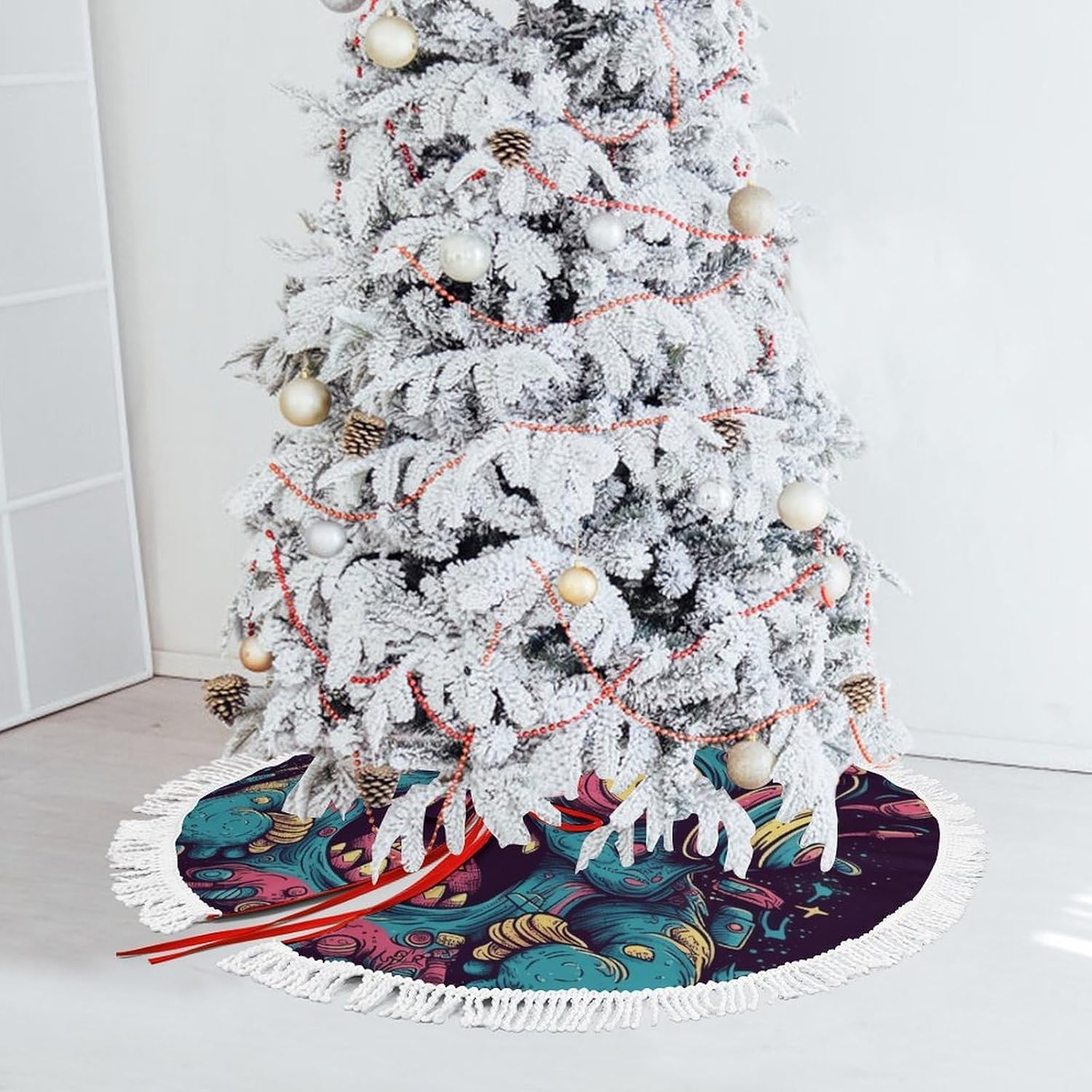 Christmas Tree Skirt Cute Xmas Trees Mat Skirts Personalization Christmas Round Tree Skirts for Holiday Party Decorative Supplies Love Music Monster