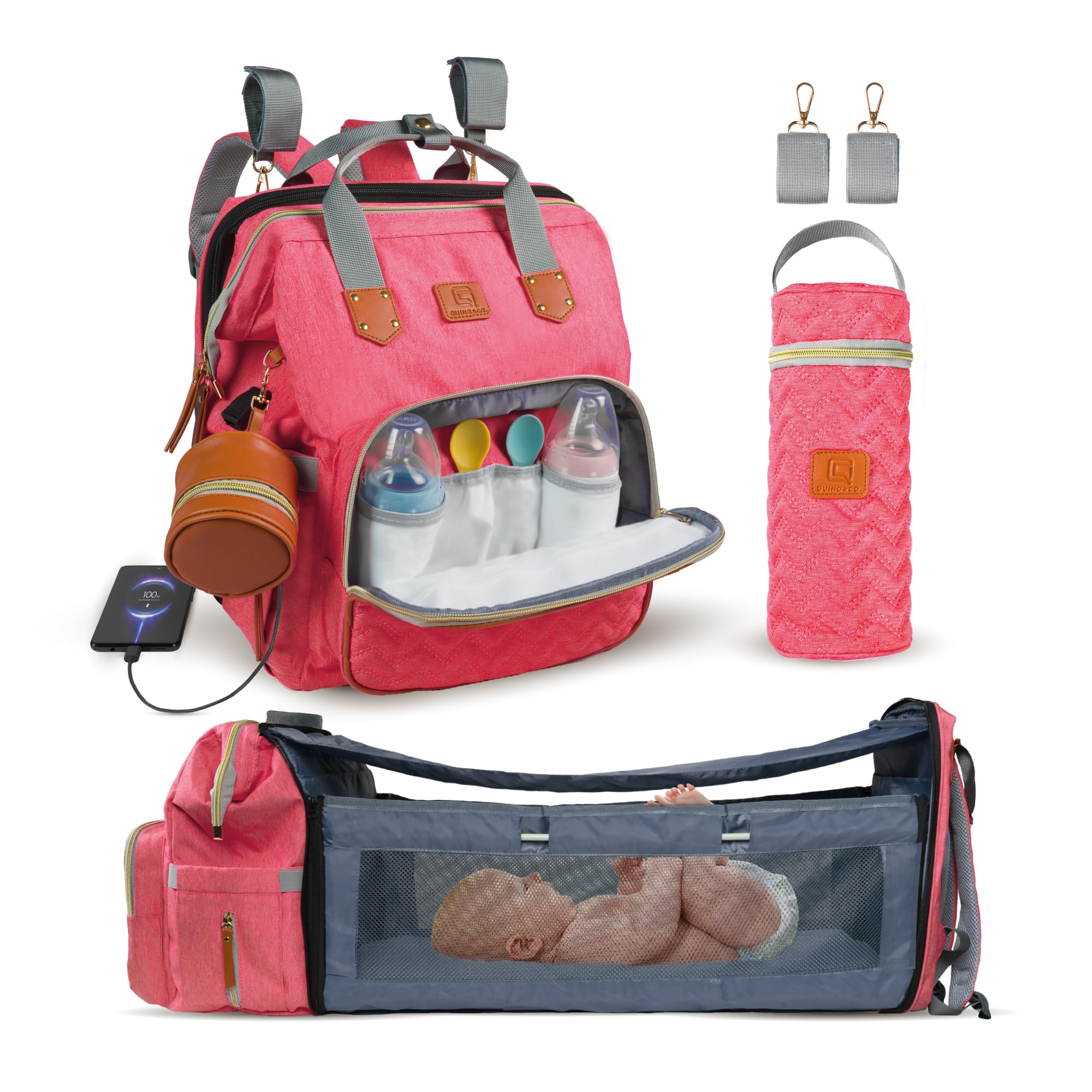 Bolso para Carrito de Bebé Mochila de Pañales con Cuna Extensible QUINO&CO. para Mujer y Hombre (Unisex) con Ganchos Carro, Funda para Biberones, Chupetero, USB | Regalo Bebes Recien Nacidos