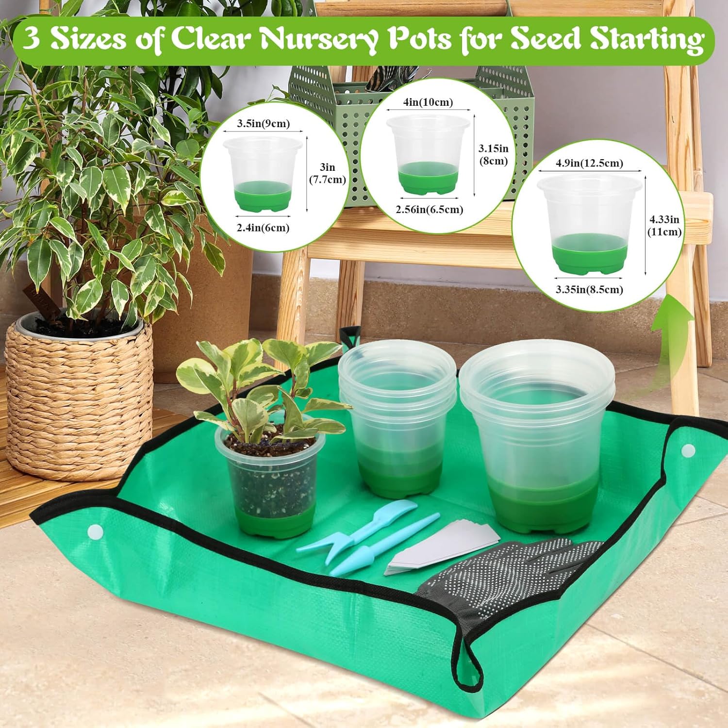 Caffox 51PCS Reusable Seed Starter Kit Includes 26 Packs 3 Sizes Clear Nursery Pots with Silicone Base, Repotting Mat, Gardening Gloves, Plant Labels and Seedling Tools for Easy Transplant - Image 3