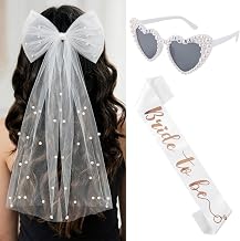 Aitsite 3 pieces Jga Accessoires Frauen Weiß Bride to Be Schärpe, Perle Herz Sonnenbrille Bogen Schleier Braut, JGA Deko Frauen für Junggesellenabschied Brautparty und Hochzeitsfotografie