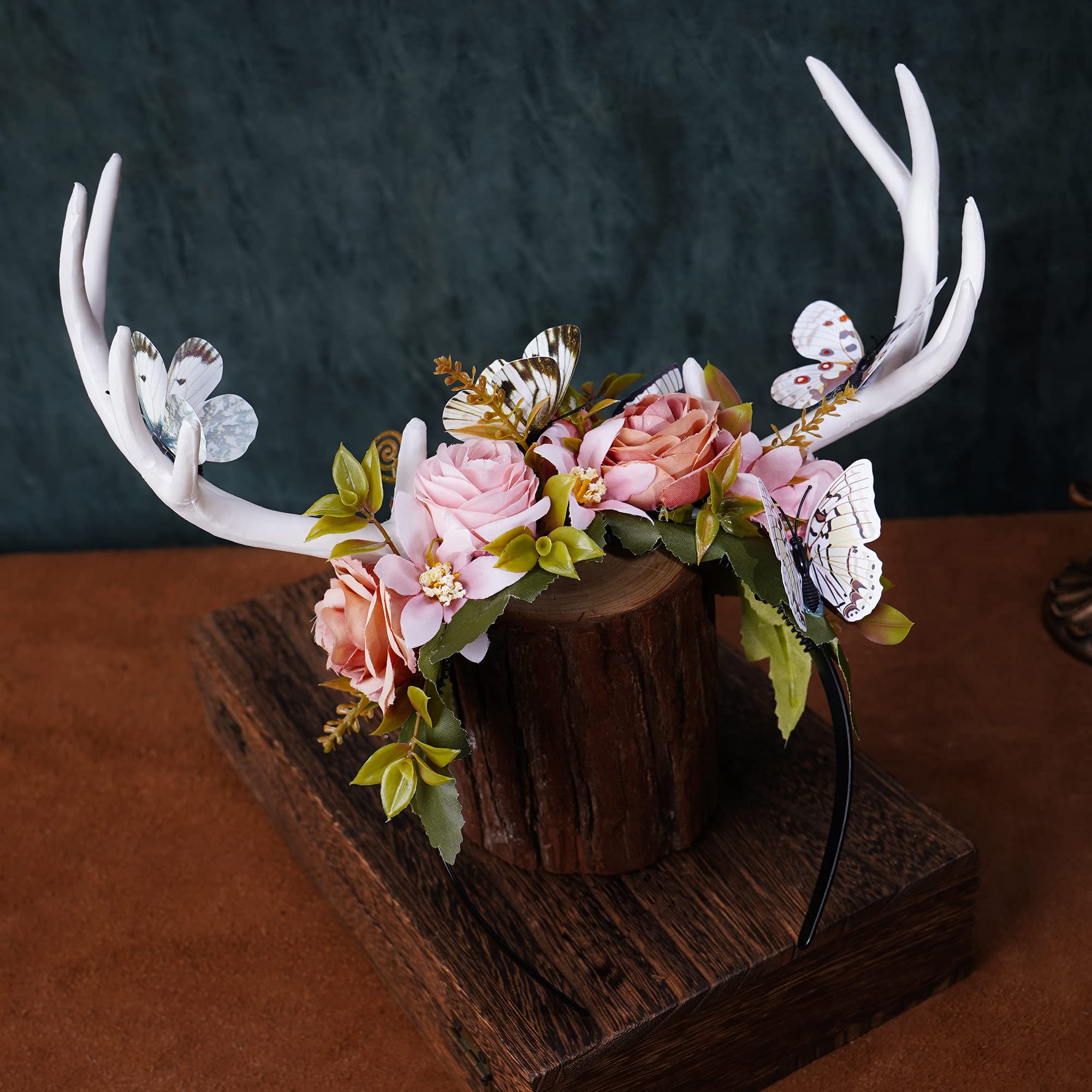 MOSTORY Fairy Antler Headband for Woodland Accessories Flower Crwon with Pink Flower for Wedding Prom Cosplay Renaissance Halloween - Image 4