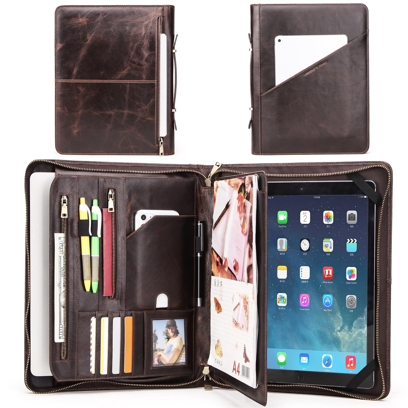 CONTACT'S FAMILY Portfolio-Mappe mit Reißverschluss, Vintage-Leder-Padfolio-Hülle für 12,9-Zoll-Tablet, professionelle Konferenzmappe, persönlicher Arbeits-Organizer, Geschäftsreise-Dokumentenhalter