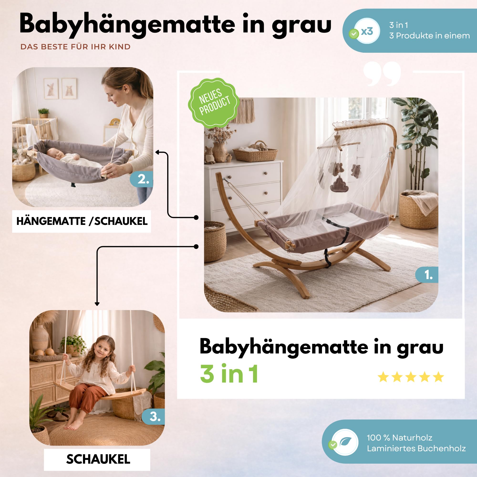 Hängematte mit Holzgestell, ergonomische Hängeliege, sanftes Schaukeln, Bequeme Stoffstruktur, leicht und tragbar, modernes Design, für Innenbereich und Balkon geeignet, einfache Montage (Grau-2)