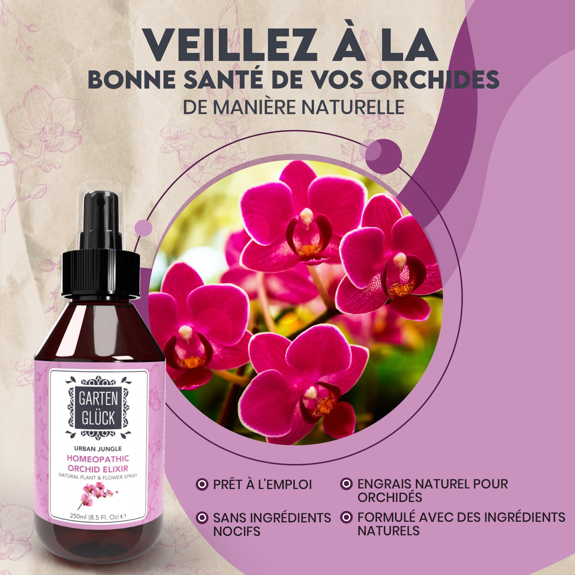Engrais Orchidee Spray - 250ml - Prêt à l'Emploi - Riche en Minéraux et Huiles Essentielles - Enrichit le Terreau - Engrais Orchidées Liquide - Offre une Croissance & Floraison Optimale