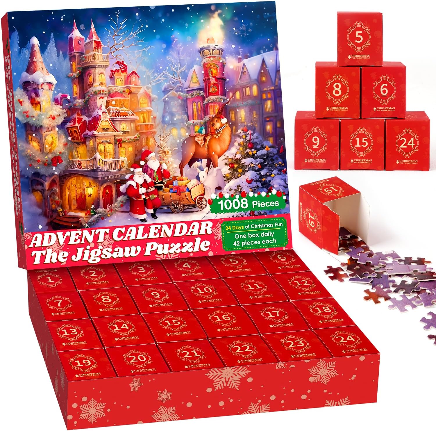 Advent Calendar 2024 Adult Teens, Jigsaw Puzzle Advent Calendar 2024 Adult 1008 Pieces, 24 Days of Christmas Advent Calendar for Teen Girls Teen Boys, Cool Gifts for Dad Women Men Who Have Everything Red Cardboard