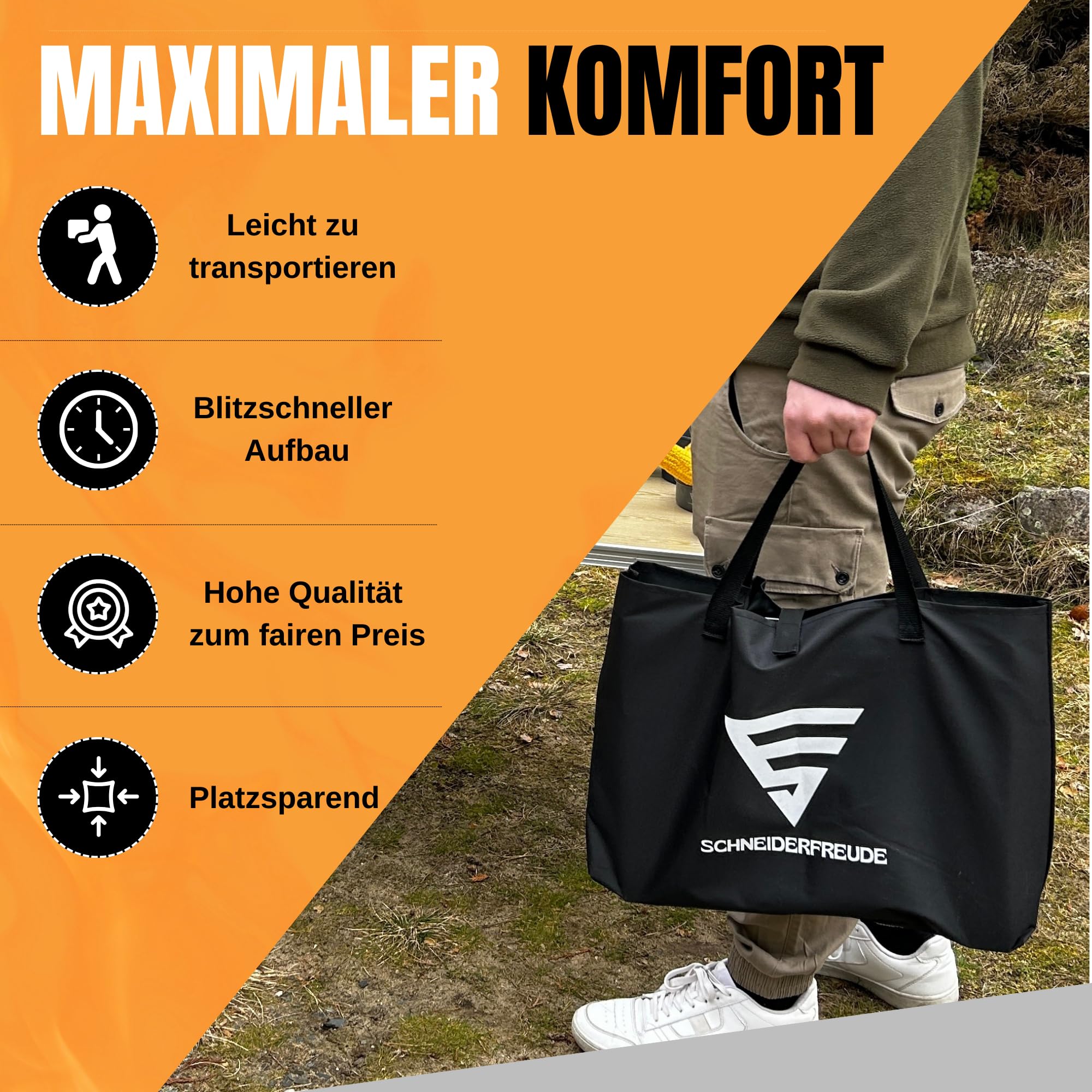 SCHNEIDERFREUDE Klappgrill 2.0: Höhenverstellbarer Camping-Grill mit Doppelfunktions-Zangen & Tasche – DEKRA-geprüfter Holzkohlegrill für Outdoor & BBQ