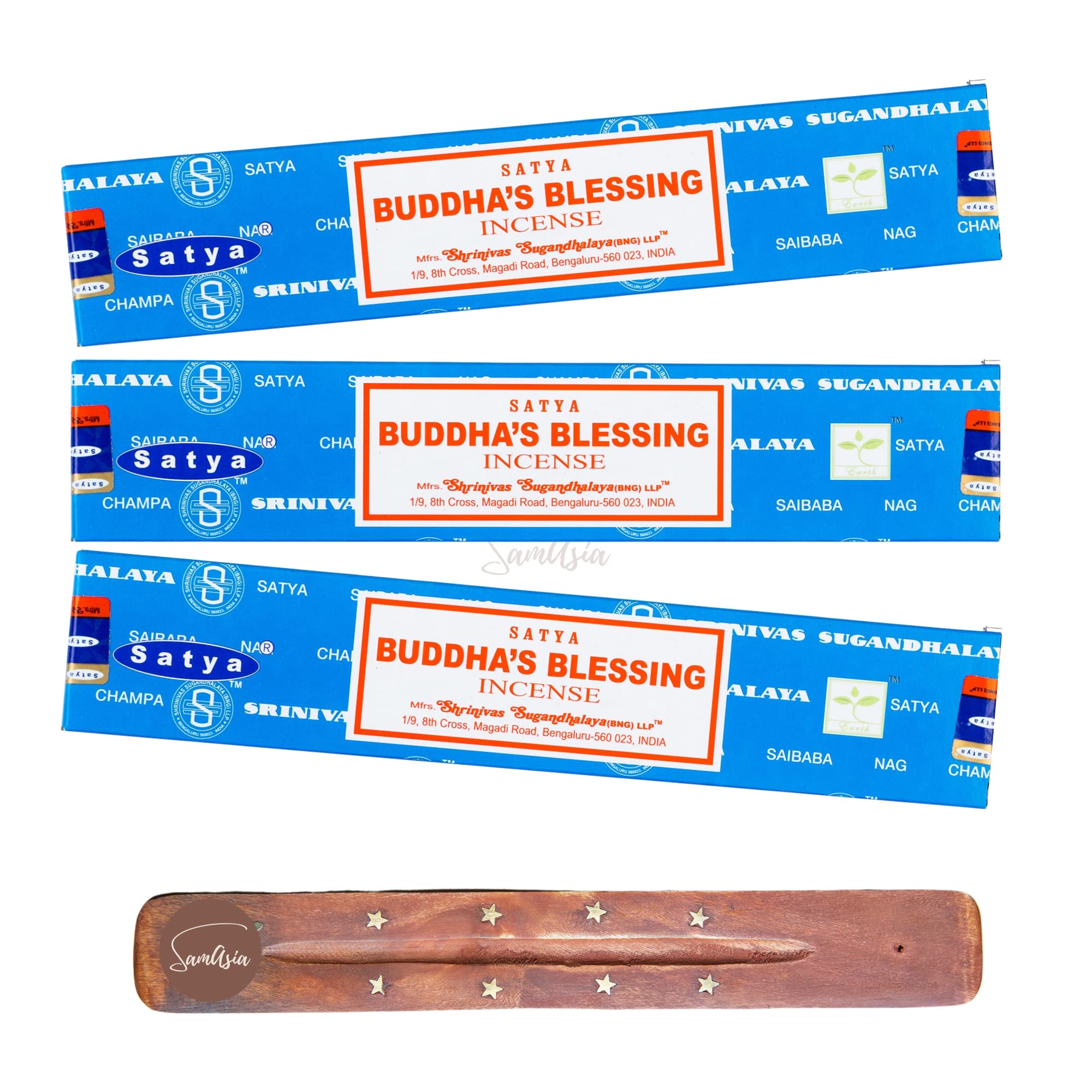Satya Nag Champa Buddhas Blessings Incense Sticks | x3 pack | with SAMASIA incense sticks holder | Used for Aromatherapy, Spa, Yoga, Weddings, Meditation, Healing, Positivity and Relaxation