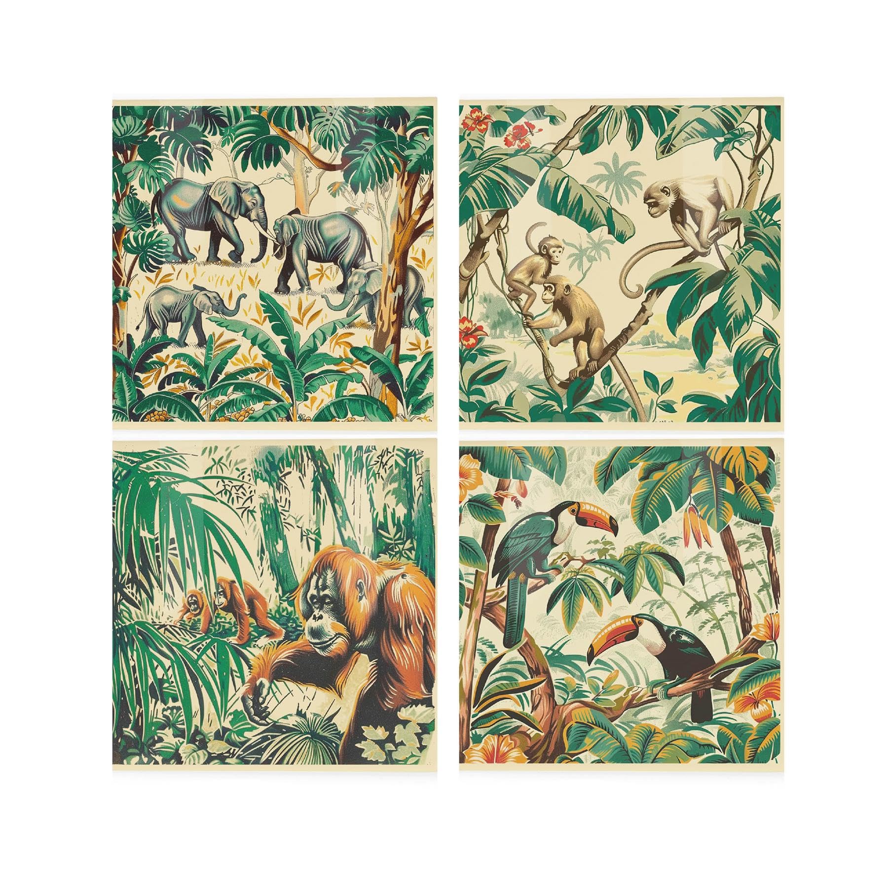 Vintage Jungle Ceramic Coaster Set - Exotic Safari Square Set of 4 Coasters Gift