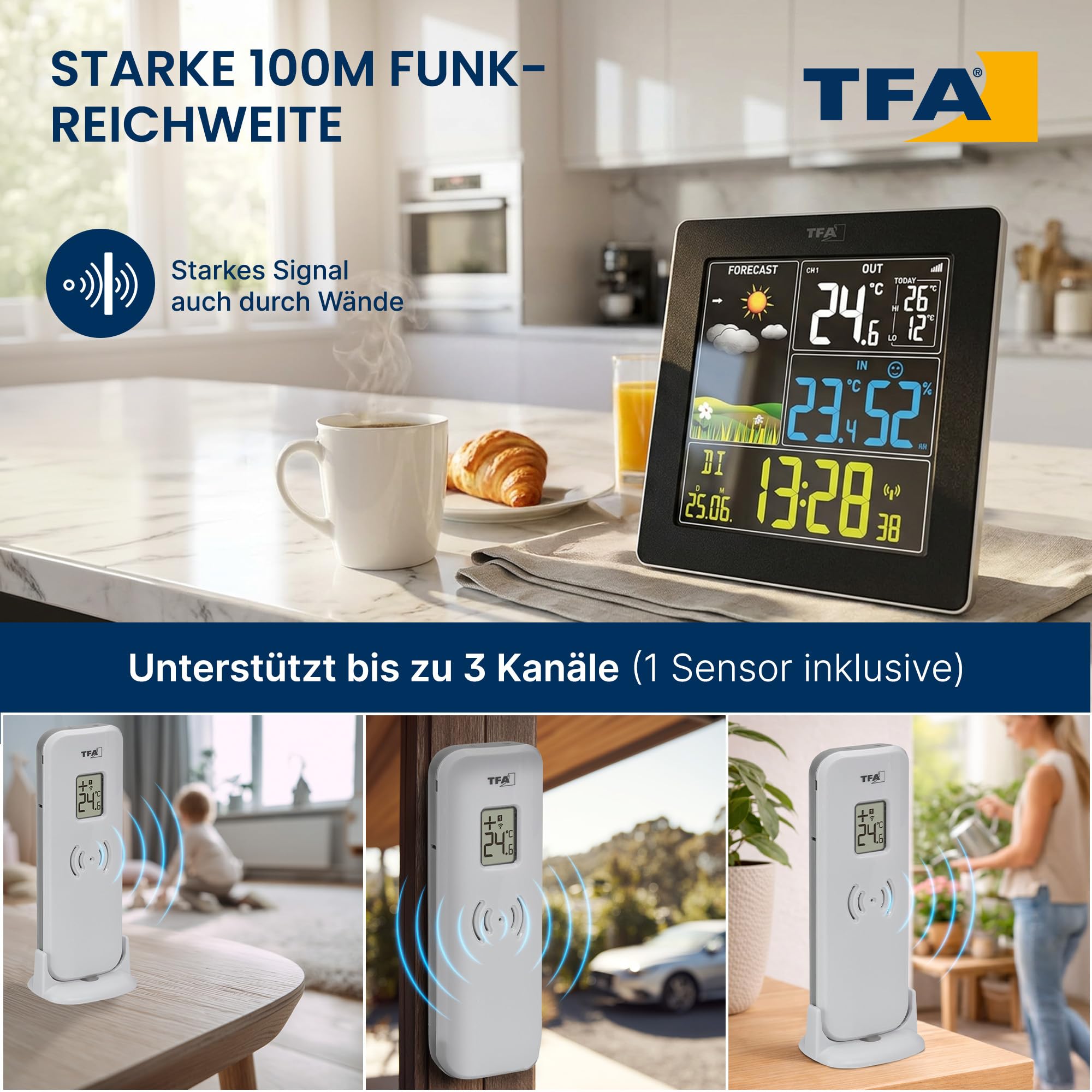 TFA Dostmann Wetterstation Funk mit Außensensor SUN2 digital, 35.1174, für Innen und Außentemperatur, großes Farbdisplay, mit Wohnklima, inkl Funkuhr mit Datum, Hygrometer, mit Netzadapter, schwarz