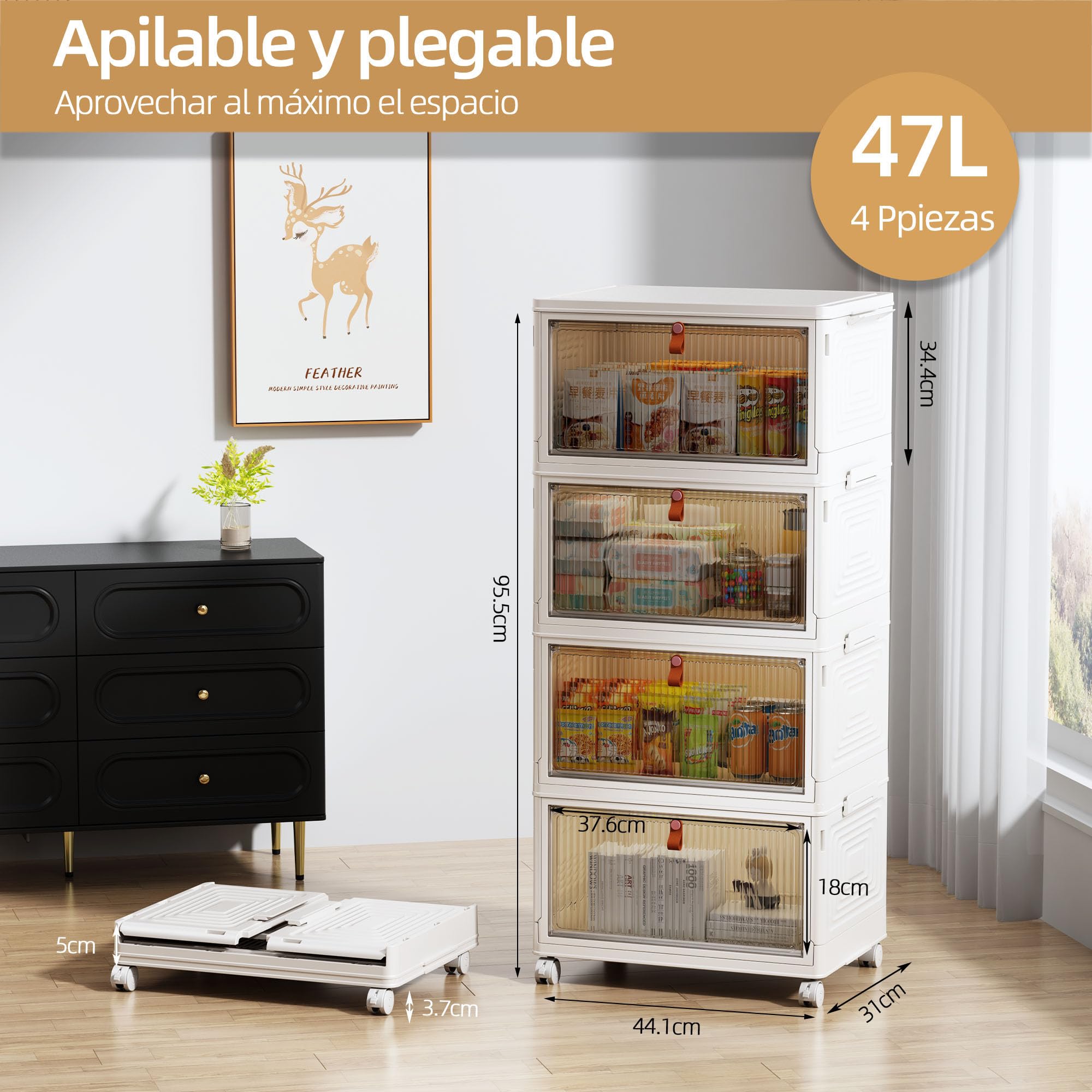 NETEL Cajas Almacenaje Plastico, 47L 4 Unidad Caja Almacenaje con Tapa, Caja Plegable Plastico, Caja Almacenaje Apilables con Ruedas，Apto para dormitorios, salones y cocinas.