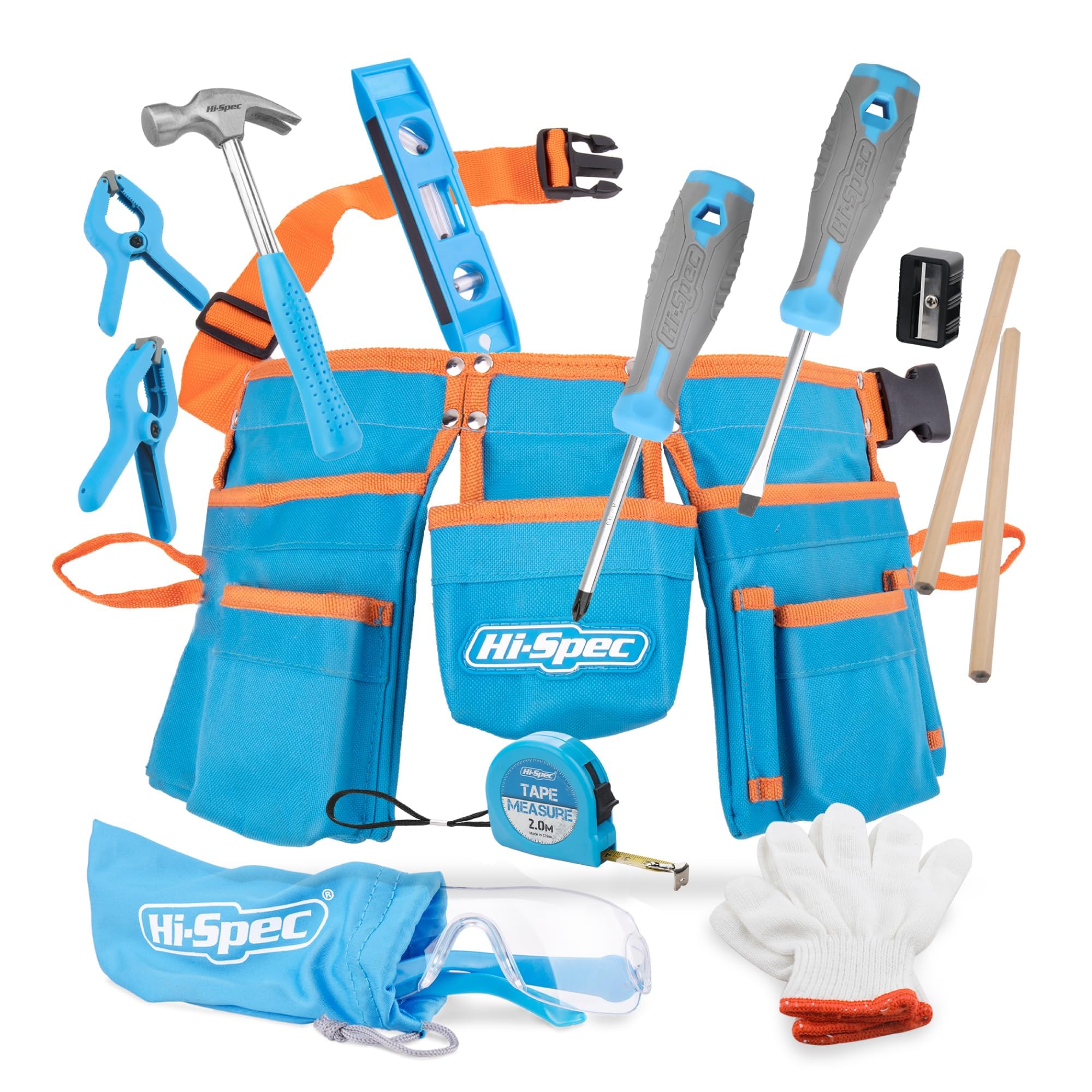 Hi-Spec Ceinture à Outils Enfant avec Kit de 16 Pièces - Gants, Lunettes de Sécurité & Vrais Outils pour Bricolage et Établi - Ceinture Porte-Outils Ajustable, Pratique et Sûre pour Enfants
