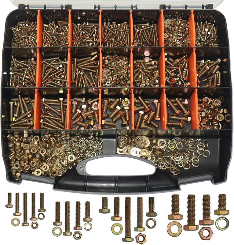 1008 Pcs Metric Bolt Assortment, Metric Bolts and Nuts Assortment Kit | Grade 8.8 Alloy Steel | M4 M5 M6 M8 | 12-40mm | Yellow Zinc Plated | Hex Bolts, Nuts & Washers in Organizer Storage Case