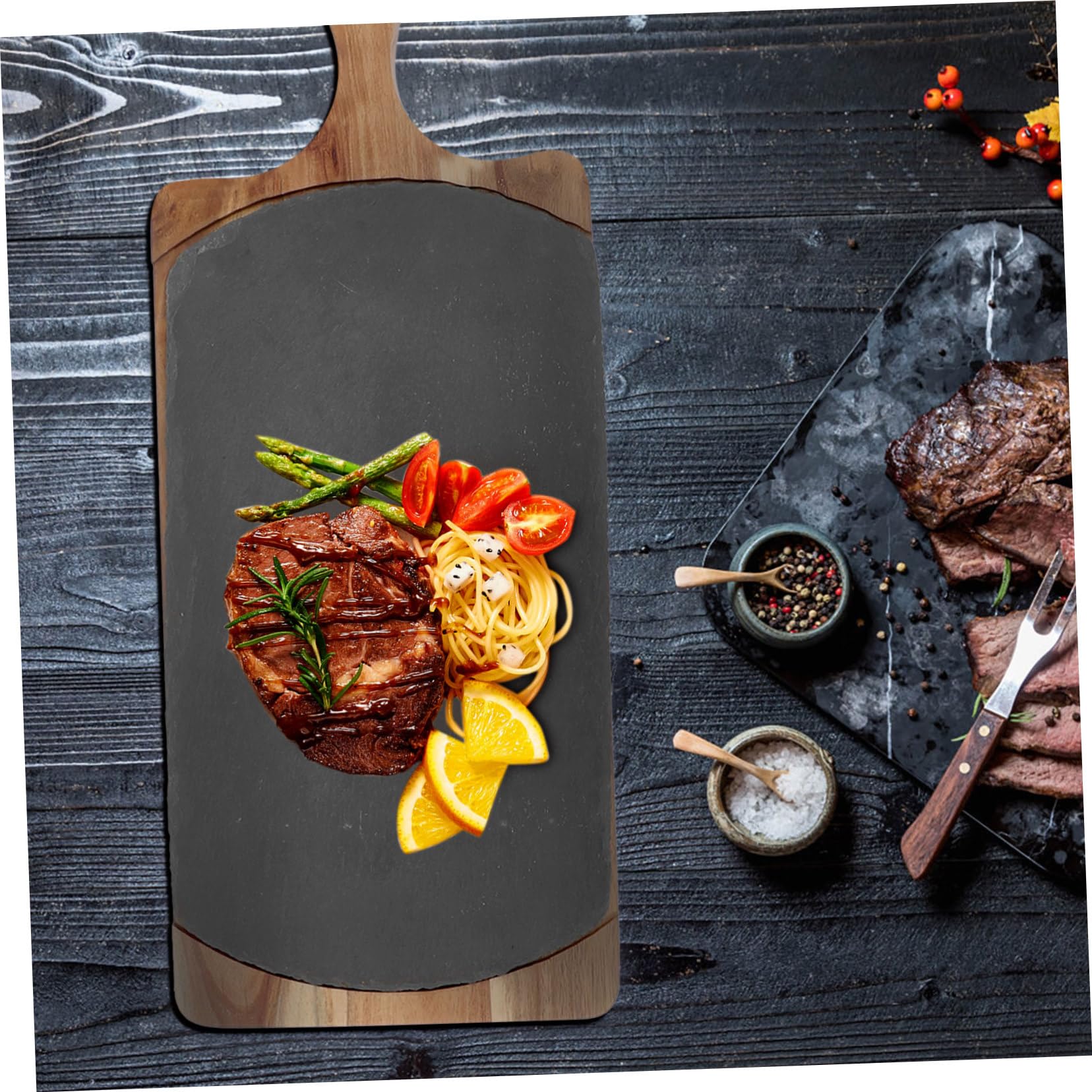 LABRIMP Plato para Servir de Madera Maciza Estilo Roca Japonés Negro