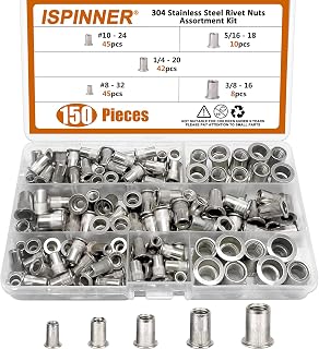 ISPINNER 150pcs #8-32, 10-24, 1/4"-20, 5/16"-18, 3/8"-16 Stainless Steel UNC Rivet Nuts, Flat Head Threaded Insert Assortment Kit